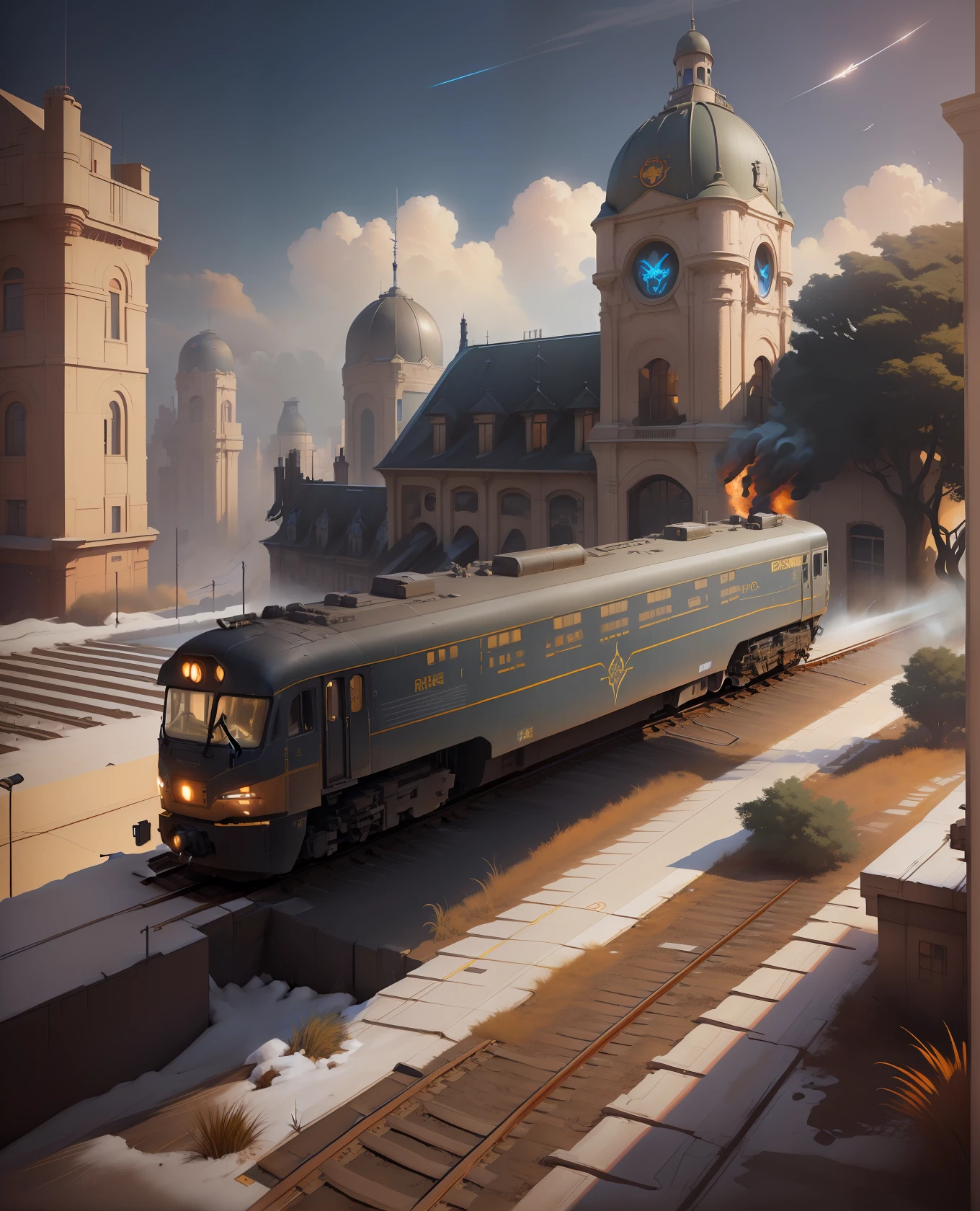 There's a train that's coming down the tracks near a building, Dieselpunk Station, Bussiere Rutkowski Andreas Rocha, No estilo de arte de Filip Hodas, Directed by: Adrian Zingg, art nouveau octane render, aventura render hiper realista, Directed by: Alexander Bogen, Directed by: Artur Tarnowski, Alexey Egorov
