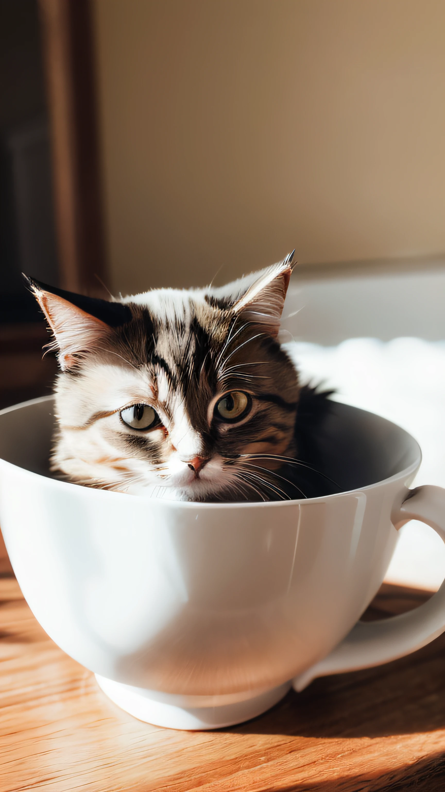 Cat, (Himalayan), (Small)))), in a teacup, Face, Front paws out, 8K, Professional photo, Delicate, Clear, On the table, Inside the house, Sunshine, Light Leak, Masterpiece, ((Pretty))), Fashionable Teacup, (Reality), Plush Toy, Round Pupils