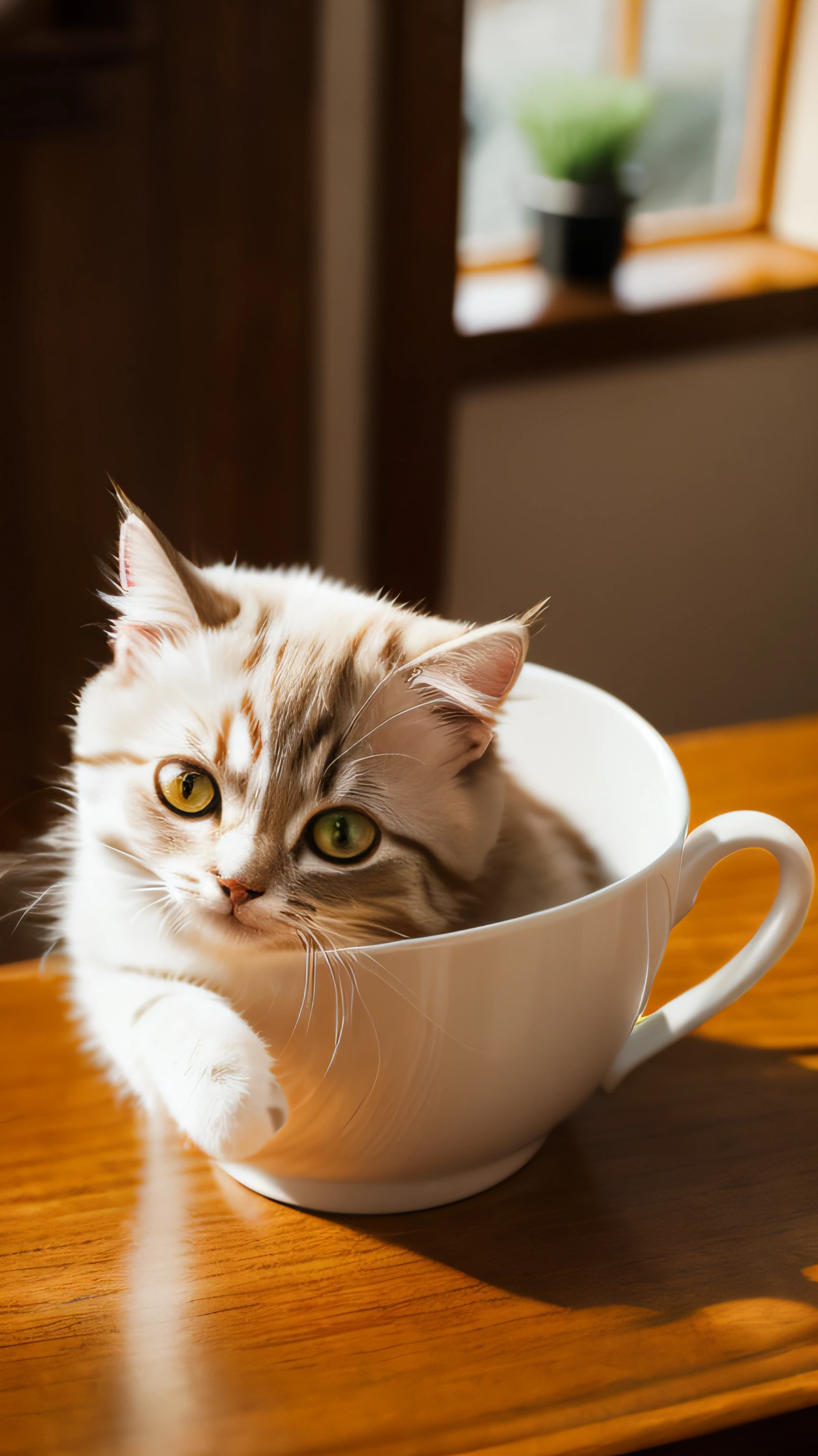 Cat, (Himalayan), (Small)))), in a teacup, Face, Front paws out, 8K, Professional photo, Delicate, Clear, On the table, Inside the house, Sunshine, Light Leak, Masterpiece, ((Pretty))), Fashionable Teacup, (Reality), Plush Toy, Round Pupils