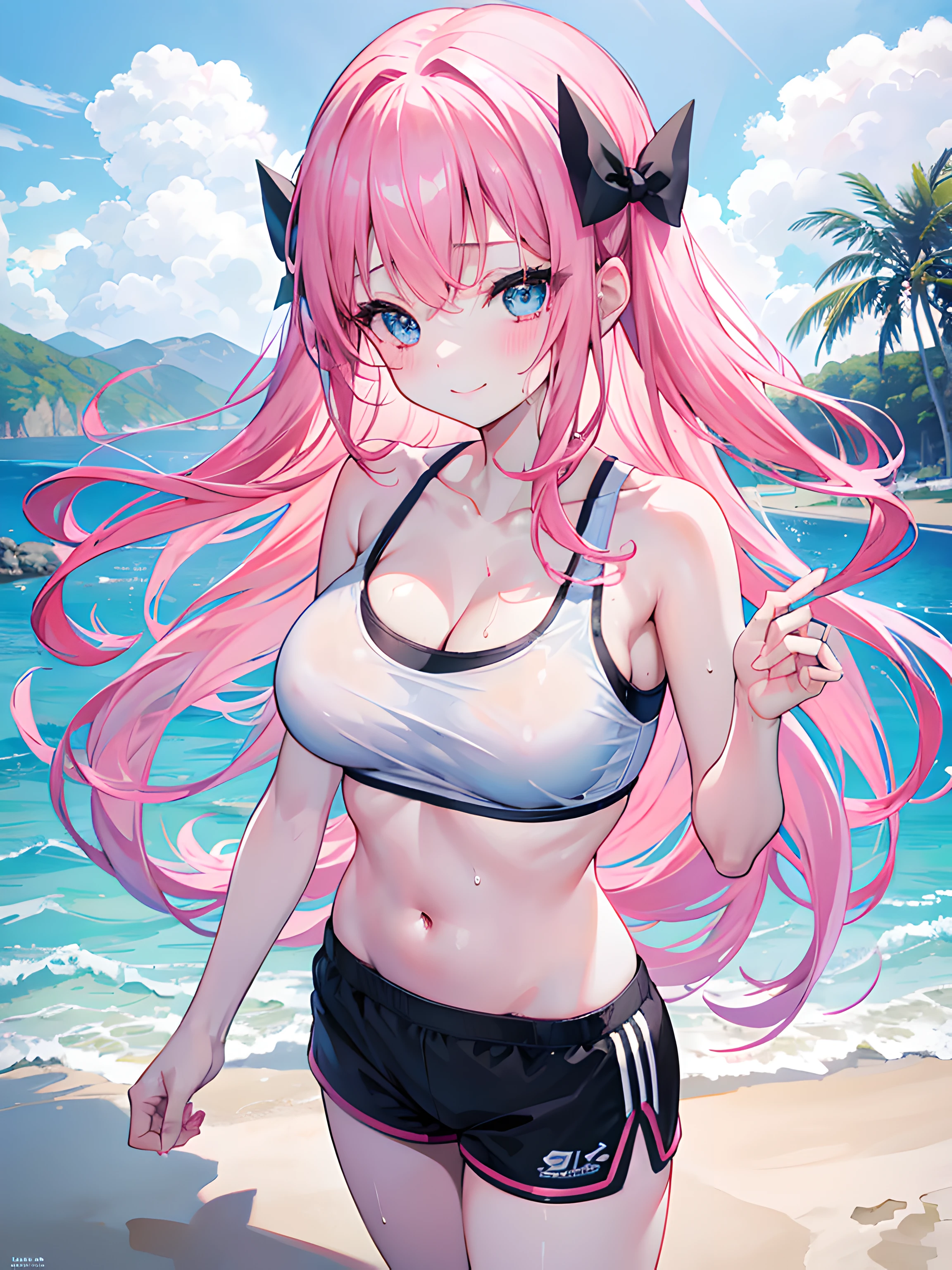 Chika Fujiwara,  blue eyes, long pink hair, black bow on hair, square bangs, large breast, smiling, 1girl, white sports bra, training shorts, sweating, beach, beach path, absurdes, high res, ultrasharp, 8k, masterpiece, looking at viewer