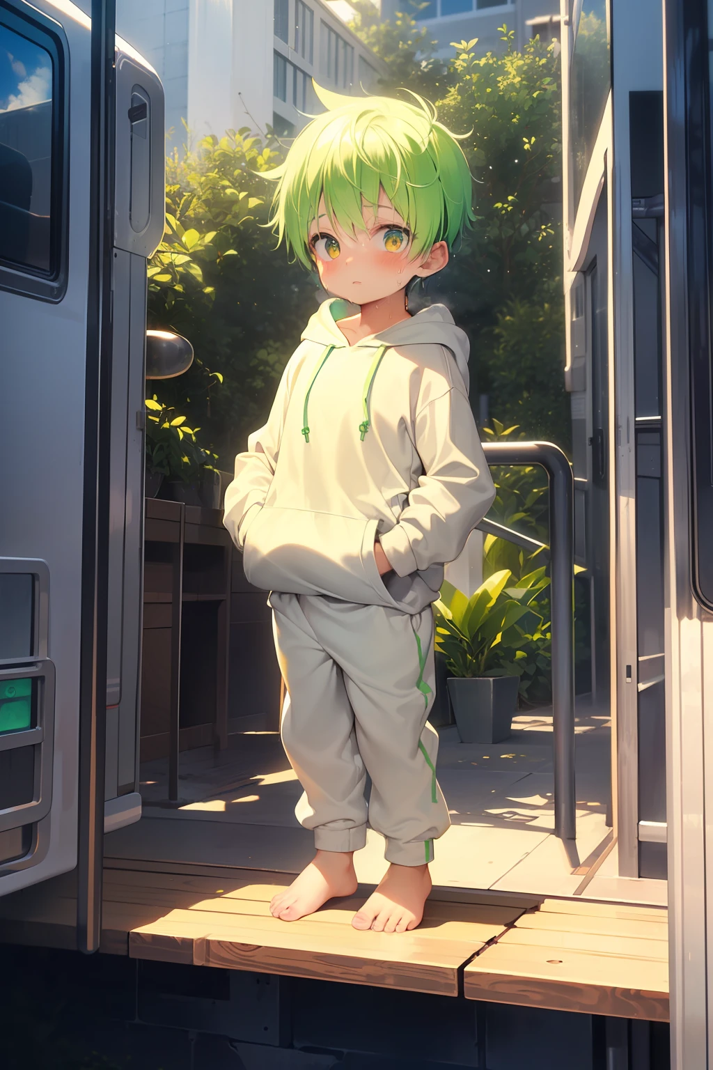 1 Little boy with bright green hair and shiny bright golden eyes and barefoot and small feet wearing a yellow oversized hoodie and sweatpants sitting on a window ledge, blushing, young, boy, child, small, toddler, tiny feet, (sweatpants:1.4), (young:1.4), (child:1.4), (shota:1.4), (hoodie:1.4),