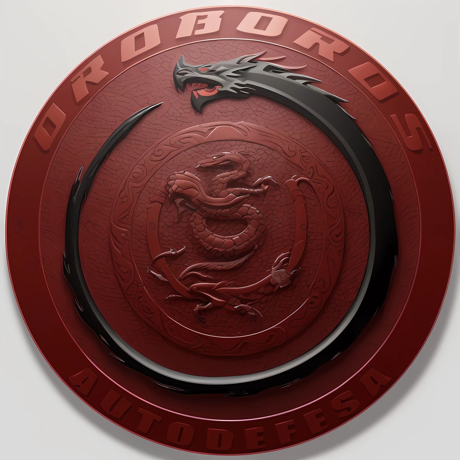 a closeup of a red circle with a black dragon on it, ouroboros, Dorohedoro, Directed by: Nicholas Borsos, Rounded logotype, Logotipo redondo, 3D Logo, Directed by: József Borsos, Directed by: Alejandro Obregon, logo arttype, Logotype without text, Logo, Logo, on an epic oroboros, metalizado,