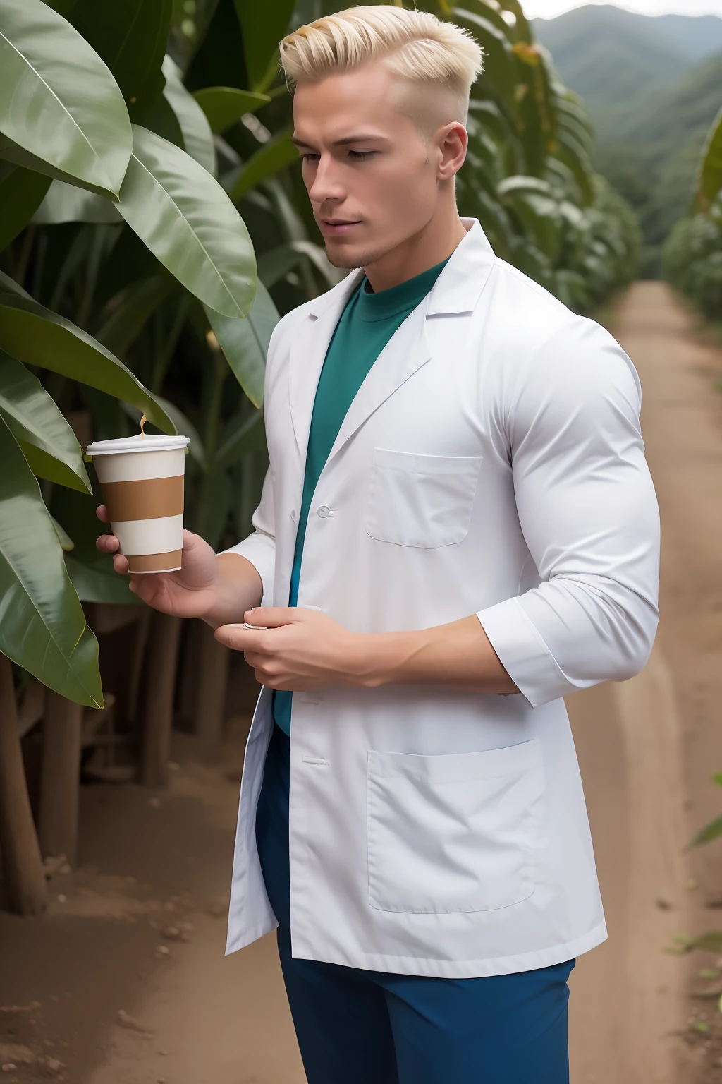 Muscular tin man in lab coat with blonde hair on a coffee plantation