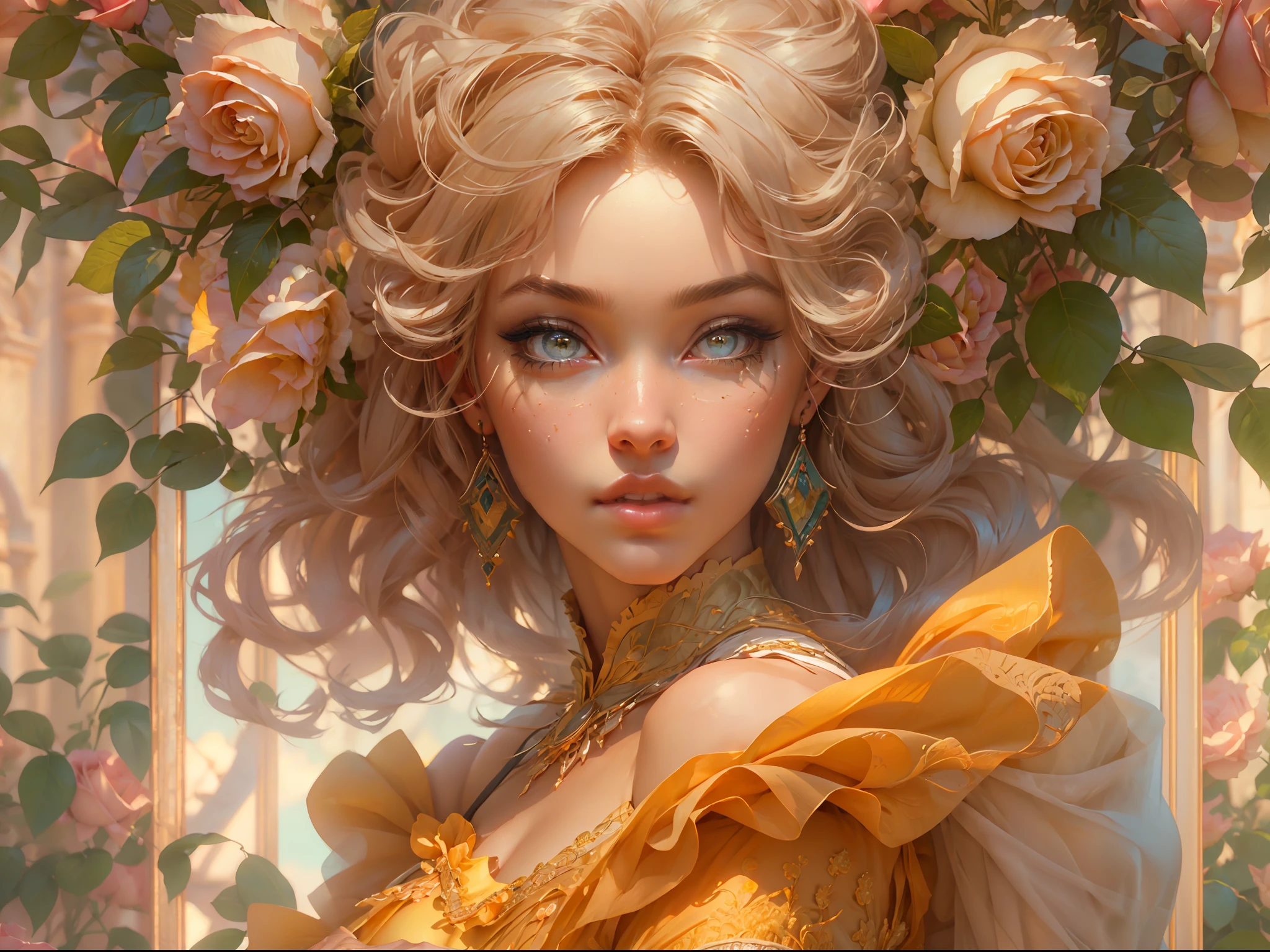 This artwork is in the style of realistic fantasy set in the castle's rose garden. Generate a woman with a beautiful detailed face dressed in the billowing folds of a stunning yellow French silk ballgown. The gown features ruffles, sashes, and bows, and its bodice is delicately but intricately hand-embroidered. The woman's sweet face is ((((highly detailed, with realistic features and soft, puffy lips.)))) Her stunning eyes are beautifully detailed, featuring realistic shading and multiple colors. She is touching a timeless rose just as beautiful today as it was the day it first bloomed thousands of years in the past. The eternal rose is a deep shade of red with shimmering pink overtones and undertones. Ensure that the woman's face, hair, and eyes are perfect. realism, high fantasy, whimsical fantasy, storybook fantasy, fairytale fantasy, fantasy details, enchanting, bewitching, 8k, hires, cgi, digital painting, unity, unreal engine, (((masterpiece))), intricate, elegant, highly detailed, majestic, digital photography, art by artgerm and ruan jia and greg rutkowski, (masterpiece, finely detailed beautiful eyes: 1.2), hdr, realistic skin texture, (((1woman))), (((solo))), Include a highly detailed face, extremely detailed face, and interesting background.
