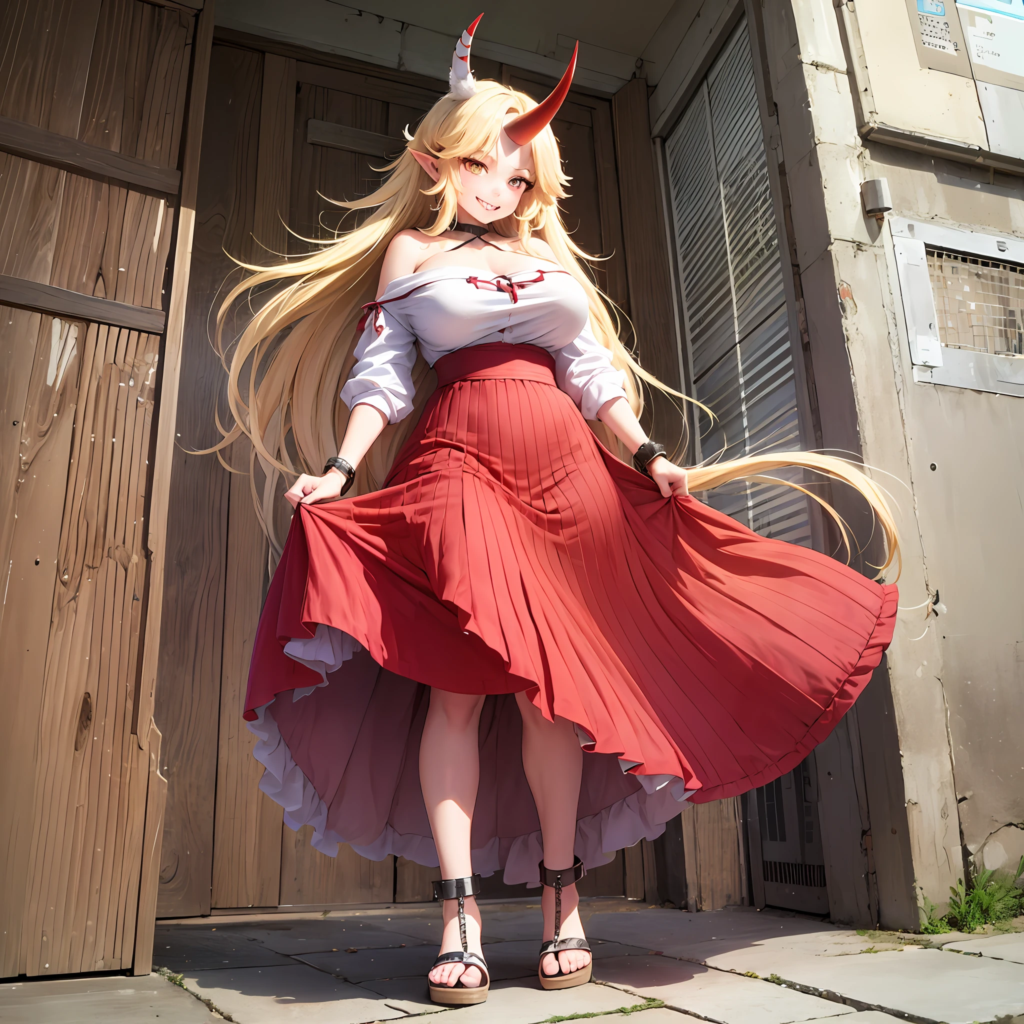 hoshiguma yuugi,1girl,single horn, pointy ears, blonde hair, long hair,yellow eyes,shackles ,white shirt,skirt,, muscle girl, huge breast,walking, single horn, long skirt, flip flops, sharpteeth, smile, tomboy,very long skirt, blue and red skirt, traditional germanic dress, red eyes