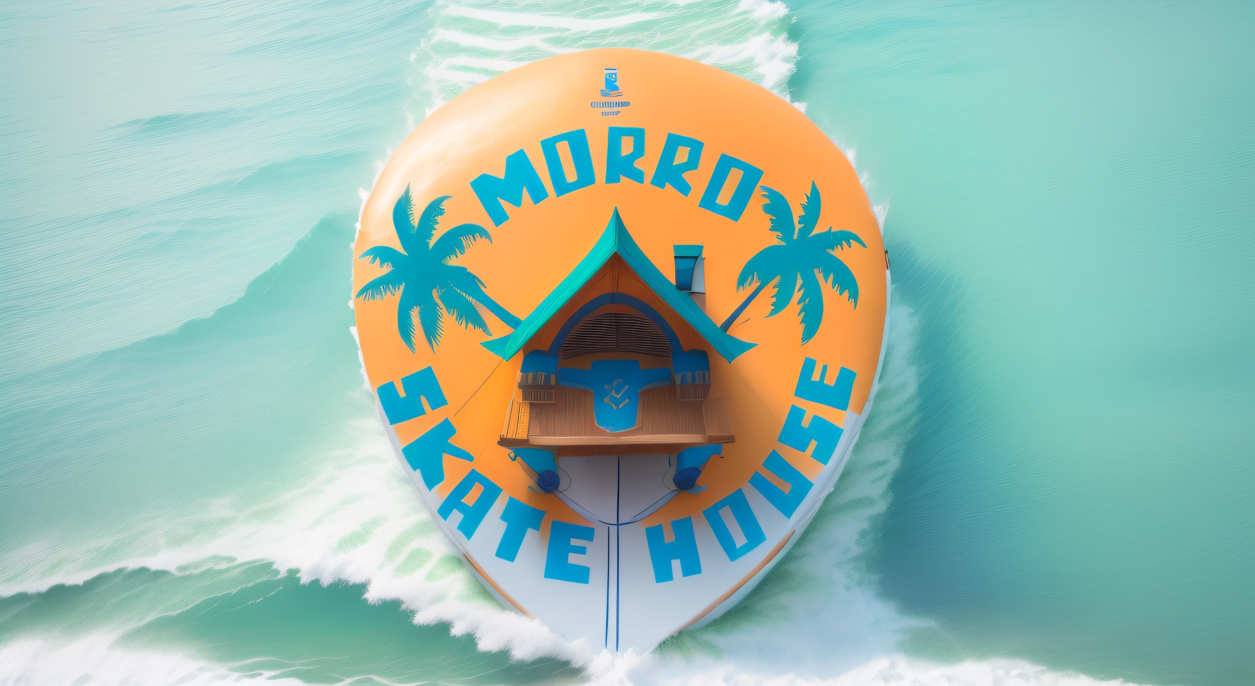 um close up de uma prancha de surf com uma casa e palmeiras sobre ela, etiqueta, ใ sciart ๐๐ mson, ๐ ๐ ๐ ๐, dia deve, ๐น๏ธ ๐ ๐ฌ, Logotypetype illustrated, mal-humorado, argamassa, ๐ฅ ๐ ๐น๏ธ ๐, Logo, Logo, skate, Caricato e simplista, logo arttype, ๐คฌ ๐คฎ ๐ ๐