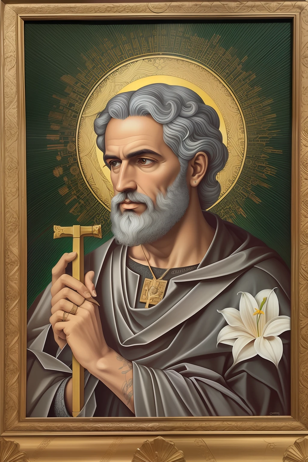 A painting of St. Joseph holding a lily and a hammer, Cyberpunk St. Joseph Carpenter, josé of nazareth, Portrait of St. Joseph, catholic religious art, artista desconhecido, pintura religiosa, arte sacra, Josh, San Jose, Retrato do Santo Padre, Direction: Patrick Adam, christian art, iconografia religiosa, obra-prima obra de arte, retrato da obra-prima religiosa, Jen Bartel