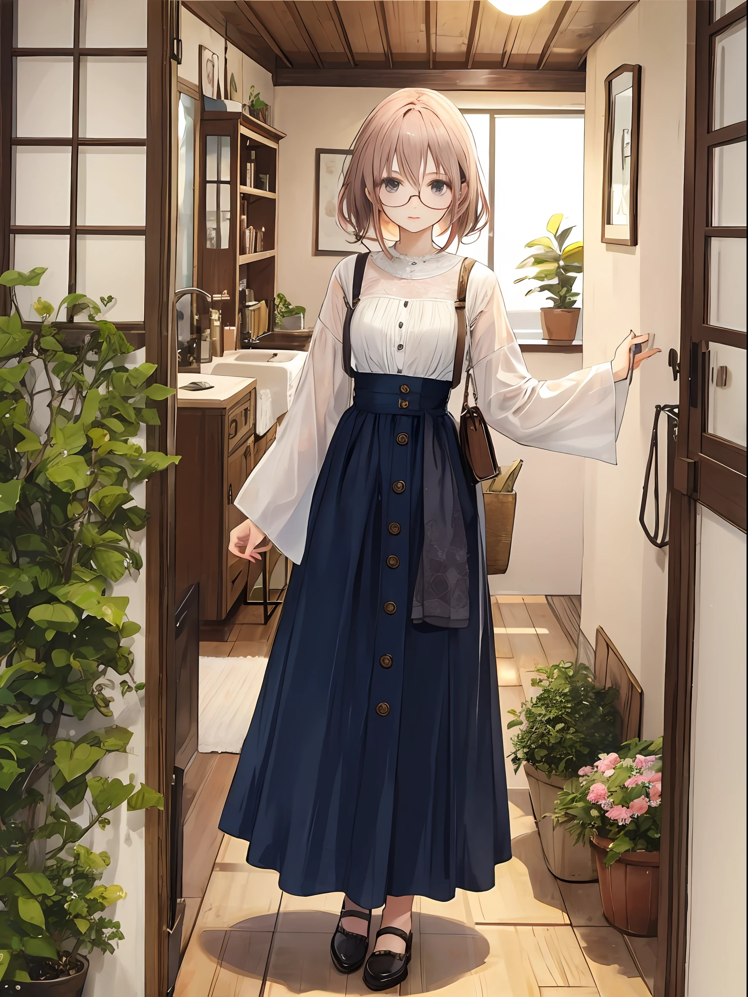 Full body photo of beautiful petite sexy woman wearing round glasses、Summer clothes、vila、country、in a house、Playful、greedy