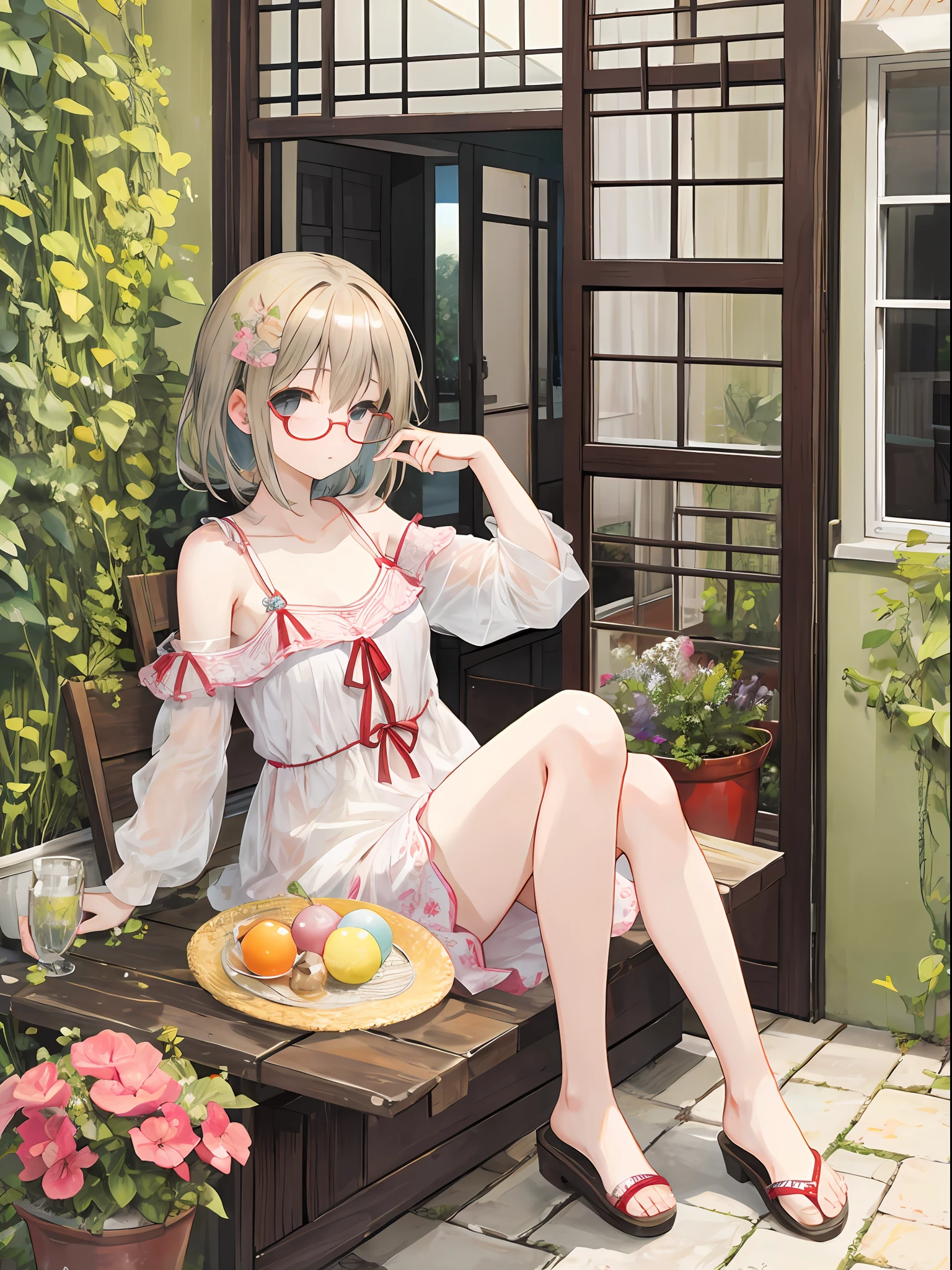 Full body photo of beautiful petite woman wearing round glasses、Summer clothes、vila、country、in a house、Playful、greedy