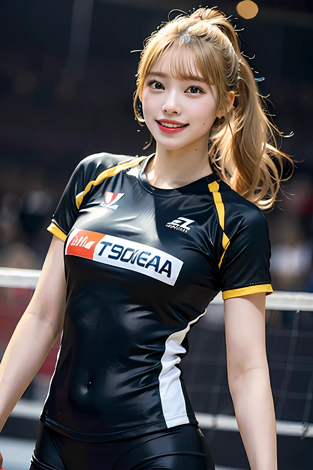 Best quality, masterpiece, ultra high res, (photorealistic: 1.4), highly detailed, professional lighting smile, Stick out the tip of the tongue. Golden-haired black woman playing volleyball, in stadium, tight suit