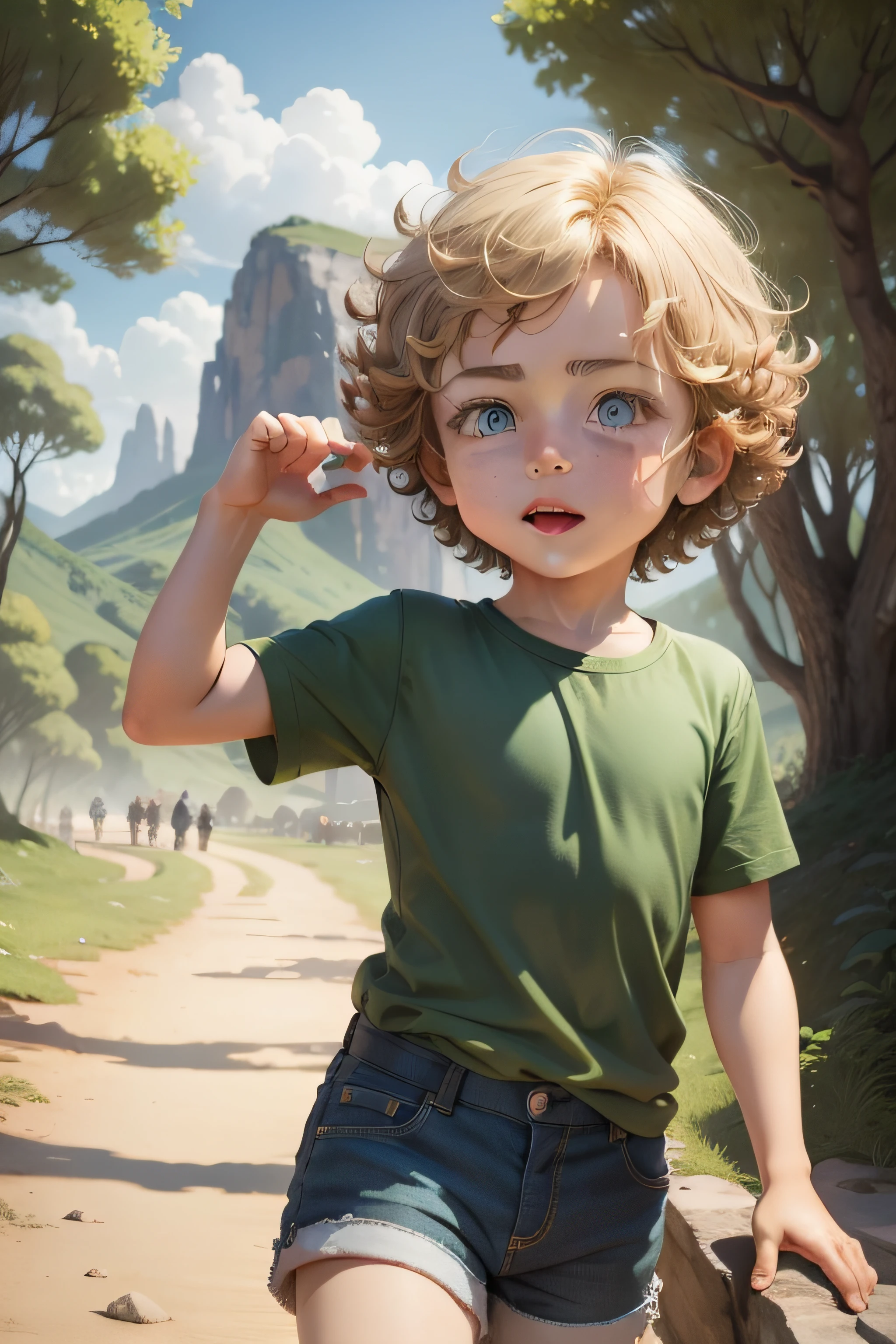 David boy, young, shepherd, , happy, adventurous, brave, explorer, slightly curly blond hair, blue eyes, green shirt and shorts, surprised, finding treasure map, green hills landscape, children's cartoon, drawn in a simple style for children, a white background