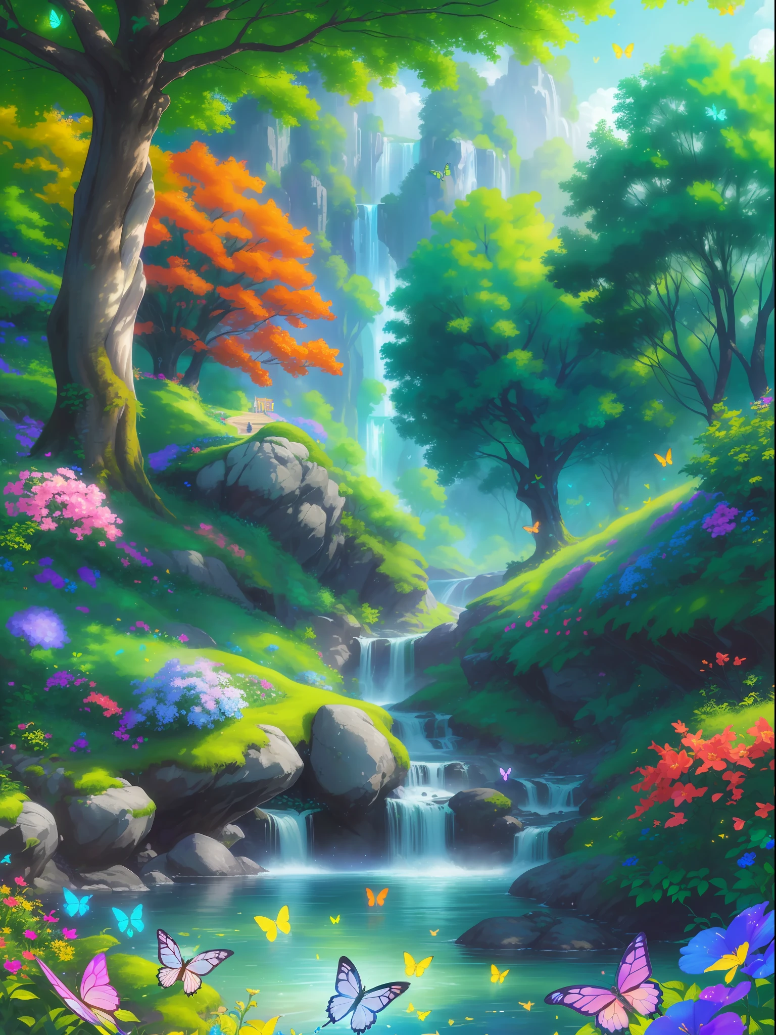 masterpiece, best quality, high quality, extremely detailed cg unity 8k wallpaper, )an extremely colorful and purely fantasy environment with vibrant hues and a bright sky), landscape of bright green grass, colorful trees, glittering fruits, and bright blue flowers, (the streams are a deep shade of blue green), and the air is filled with sweet exotic scents, (the environment appears to be taken out of a dream), with luminescent butterflies and giant colorful birds flying around, award winning photography, bokeh, depth of field, hdr, bloom, chromatic aberration, photorealistic:1.3, extremely detailed, trending on artstation, trending on cgsociety, intricate, high detail, dramatic, art by midjourney,