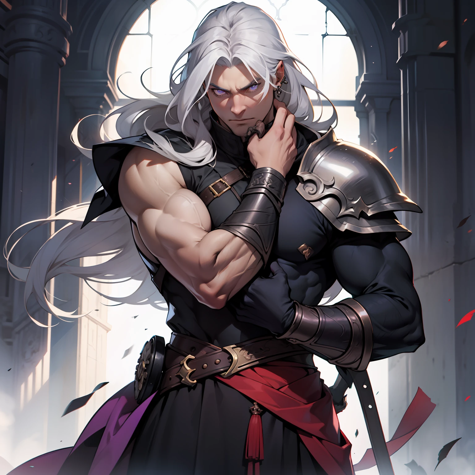 Melkor is much taller than the average human. He is around the same height as myself - and we are both fairly tall. He has shoulder length white hair, just like mine, and piercing purple eyes with sharp silver pupils. He is strong and looks every bit the warrior prince he is. His demeanor is proud and regal, he carries himself with a sense of superiority that cannot be rivaled.