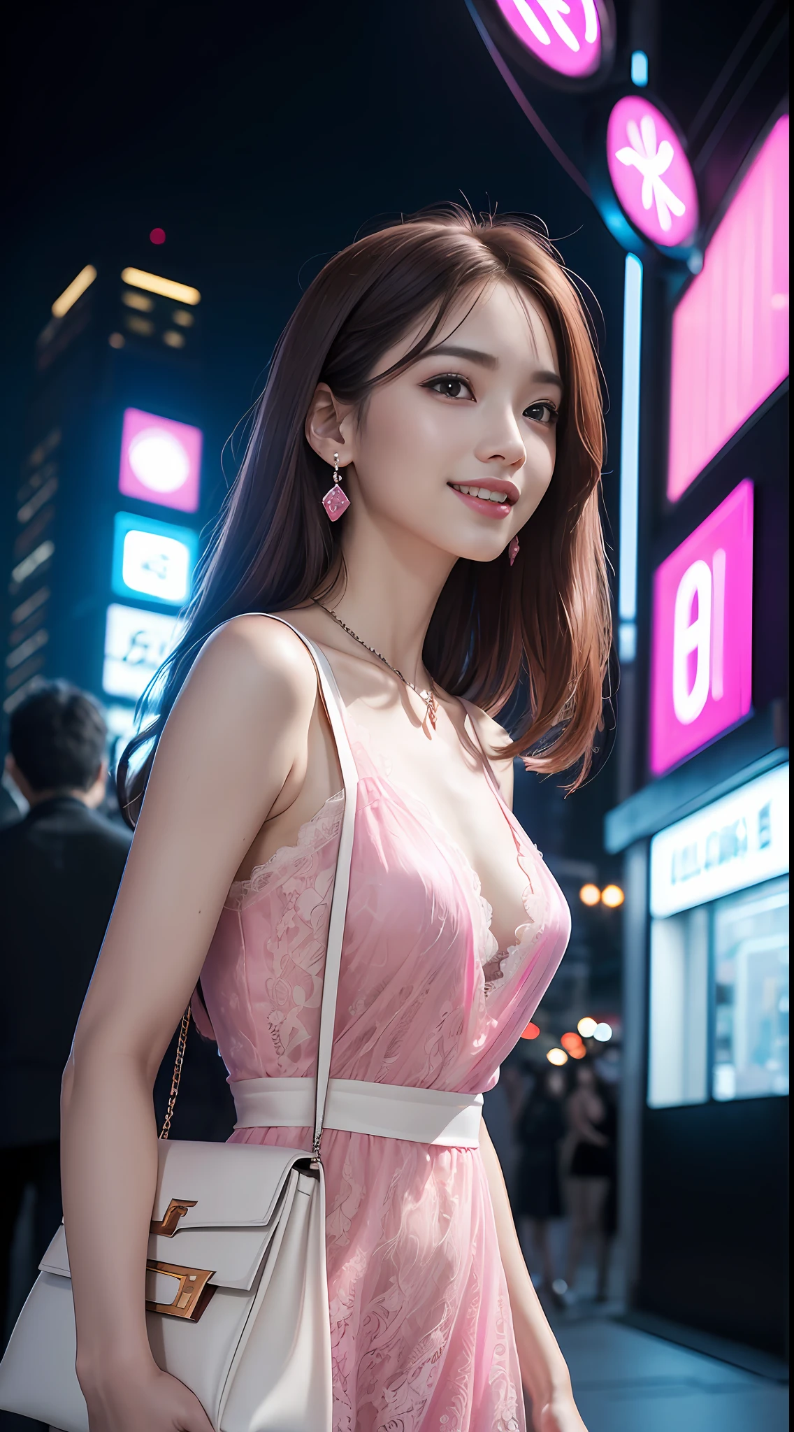 8K, Masterpiece, Raw foto, Best Quality, Photorealistic, Extreme detailed CG unity 8K wallpaper, Depth of field, Cinematic light, lens flares, Ray traching, (extremely beautiful face, beautiful lips, beautidful eyes), Intricate detail face, ((ultra detail skin)) 1Girl, Dark In, Deep Shadow, Pretty Korean Girl, kpop-idol,(Very slender muscular body:1.3), ((looking up at viewer)),(big grin:1.3), (Tight mini dress), (sleeveless) , (A Night in Fashion City, Dark Night, (neon sign), (blured background), (Midnight), (neon sign), (Beautiful city night), (There are no people in the background.:1.3), Pretty Korean Girl, White diamond earrings, wristband, necklaces, Pantyhose, Clear eyes, walking , Front Shot, (pale-skin), Facing Forward, (Big Eyes), ((upper body shot)), ((Silk lace)), ((Hot pink dress:1.3)), (ligh brown hair) (looking up at viewer:1.3), see through dress, open chest, Very slim, Medium Tits, Slender muscular body, (Hermès bag)