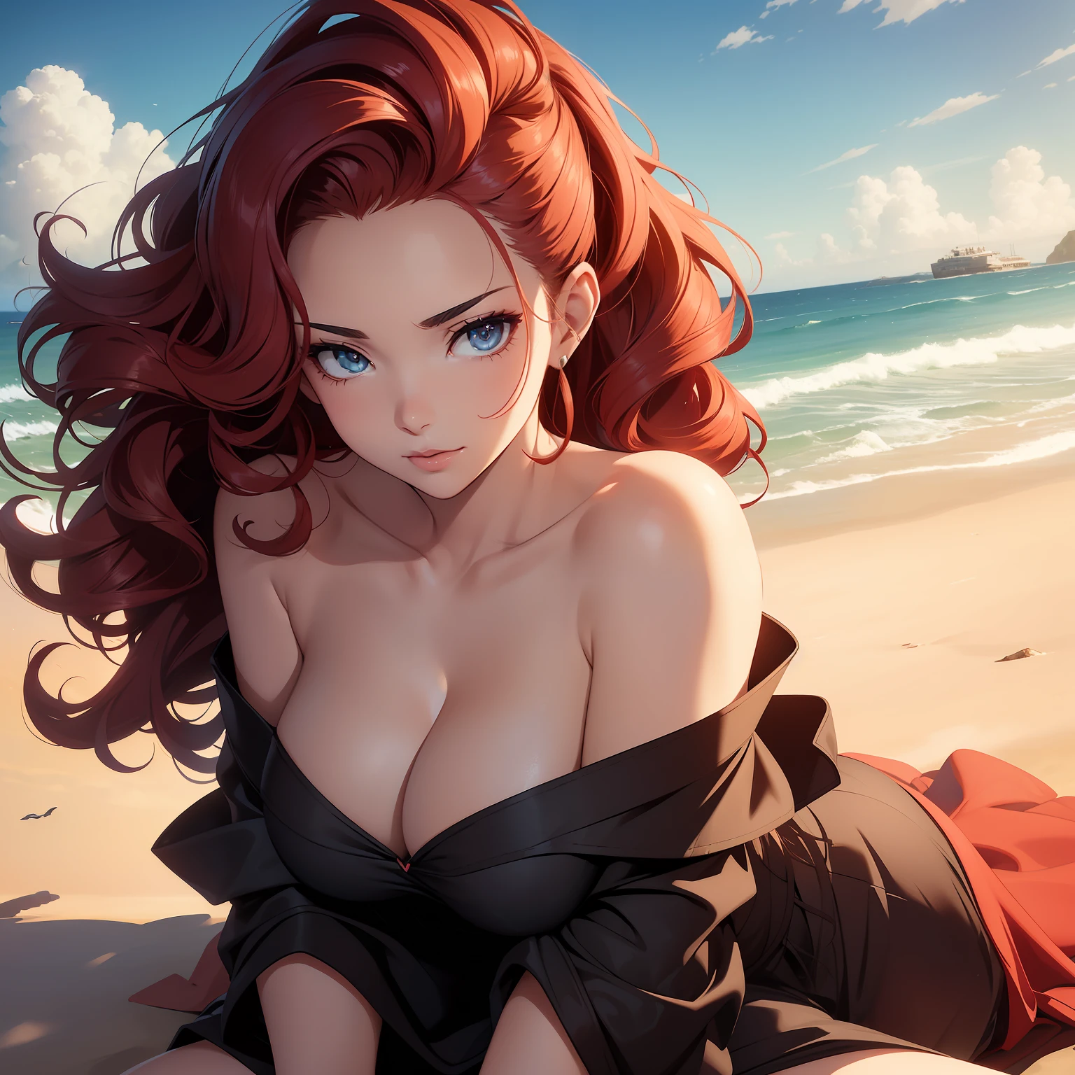 (masterpiece, best quality), photorealistic, cinematic, anime girl in off-the-shoulder, breezy sundress in a bold solid color, seaside, 1 girl, red hair, (side-swept waves hairstyle:1.5), full-body shot, head to toe visibility, perfect anatomy, curvaceous body, large cleavage, overly exposed breasts, long round legs, big round ass, seductive lips, alluring, perfect eyes, perfect hands, sitting on the sand with legs crossed, leaning slightly back on one hand, the other hand can be gently playing with a strand of hair or holding onto a piece of the dress, the off-the-shoulder neckline can be showcased, giving a relaxed and charming look, a playful and carefree smile, with a hint of subtle mischief, the model's gaze can be directed slightly downwards, as if lost in thought or enjoying the moment, extremely detailed Artgem, ig model, artgem, alena aenami and artgem, krenz cushart and artgem, artgem and atey ghailan
