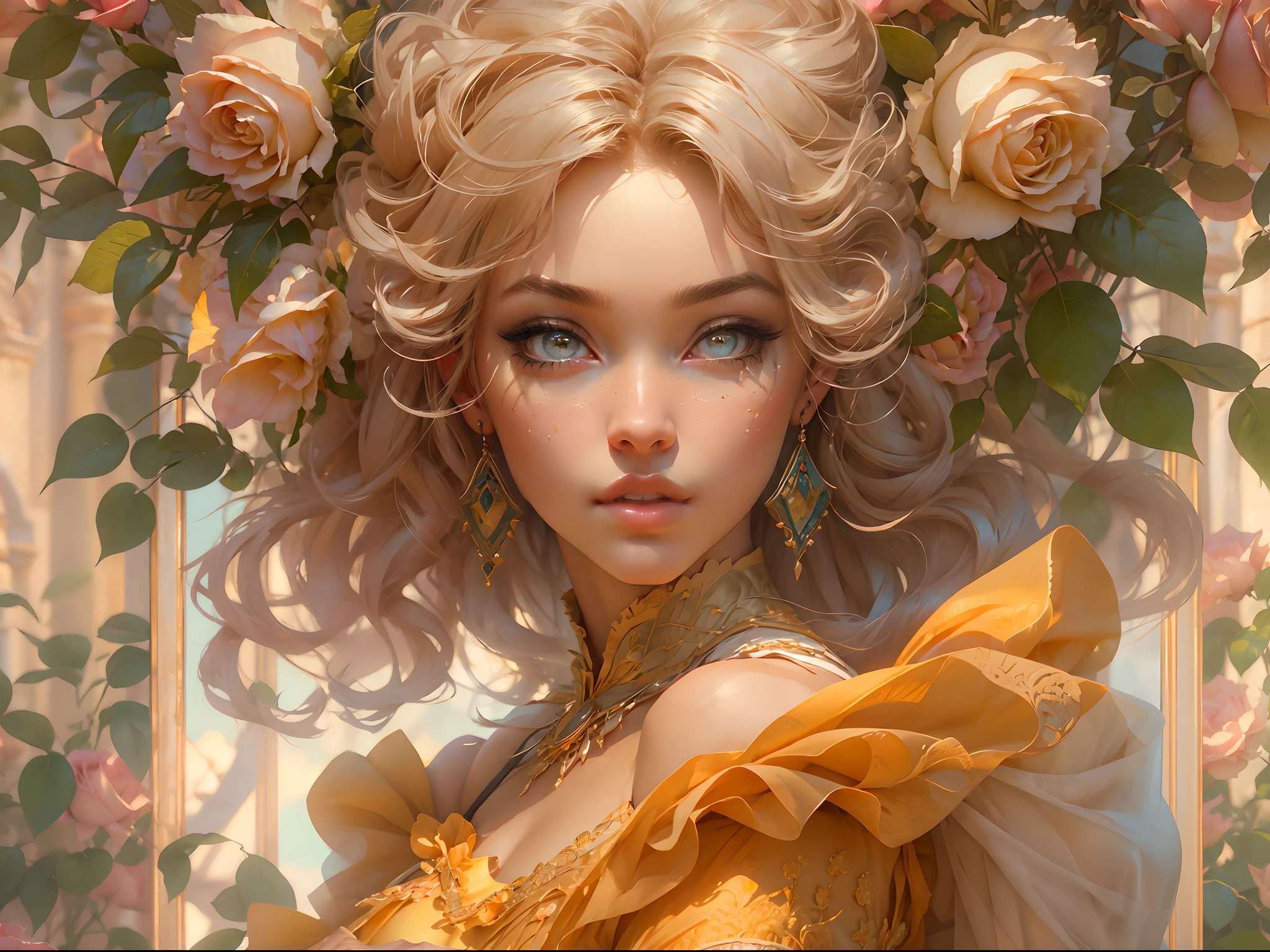 This artwork is in the style of realistic fantasy set in the castle's rose garden. Generate a woman with a beautiful detailed face dressed in the billowing folds of a stunning yellow French silk ballgown. The gown features ruffles, sashes, and bows, and its bodice is delicately but intricately hand-embroidered. The woman's sweet face is ((((highly detailed, with realistic features and soft, puffy lips.)))) Her stunning eyes are beautifully detailed, featuring realistic shading and multiple colors. She is touching a timeless rose just as beautiful today as it was the day it first bloomed thousands of years in the past. The eternal rose is a deep shade of red with shimmering pink overtones and undertones. Ensure that the woman's face, hair, and eyes are perfect. realism, high fantasy, whimsical fantasy, storybook fantasy, fairytale fantasy, fantasy details, enchanting, bewitching, 8k, hires, cgi, digital painting, unity, unreal engine, (((masterpiece))), intricate, elegant, highly detailed, majestic, digital photography, art by artgerm and ruan jia and greg rutkowski, (masterpiece, finely detailed beautiful eyes: 1.2), hdr, realistic skin texture, (((1woman))), (((solo))), Include a highly detailed face, extremely detailed face, and interesting background.