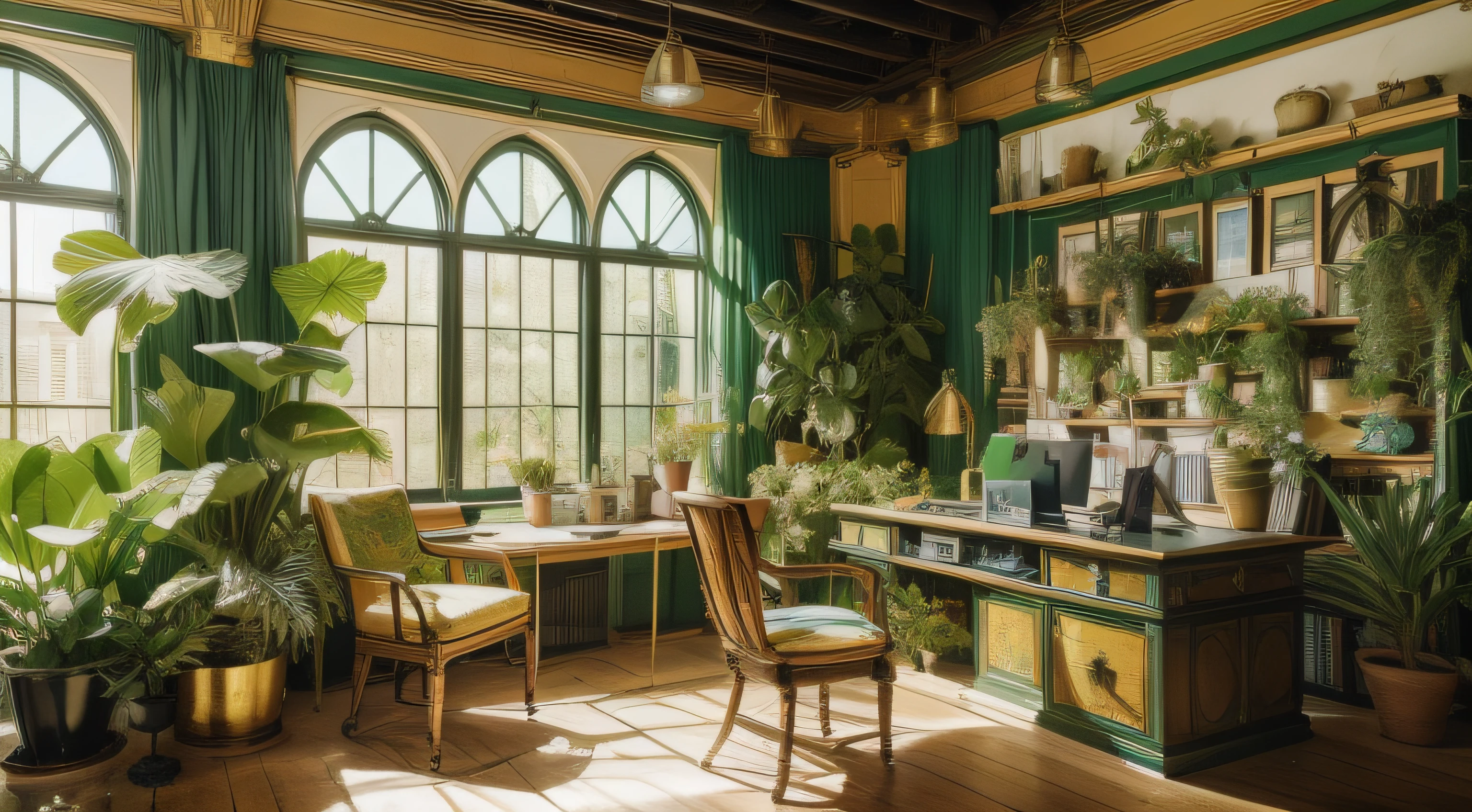 Architectural Digest photo of a maximalist green {vaporwave/steampunk/solarpunk} ((Home office)) with flowers and plants, golden light, hyperrealistic surrealism, award winning masterpiece with incredible details, epic stunning