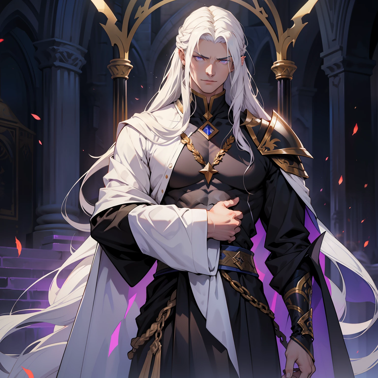 Melkor is much taller than the average human. He is around the same height as myself - and we are both fairly tall. He has shoulder length white hair, just like mine, and piercing purple eyes with sharp silver pupils. He is strong and looks every bit the warrior prince he is. His demeanor is proud and regal, he carries himself with a sense of superiority that cannot be rivaled.