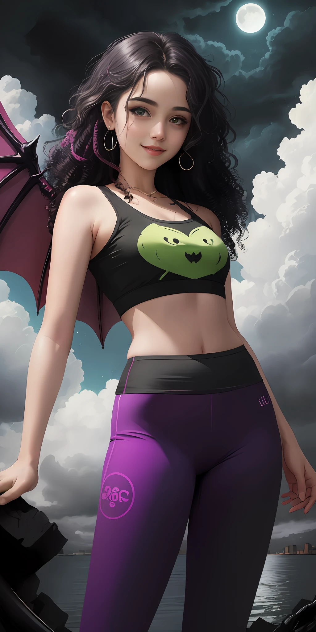 A masterpiece of flat color digital art, Lilù Moongirl floats through a dark and stormy sky, surrounded by swirling clouds. She has long, black curly hair, big, green eyes, and a mischievous smile. She is wearing a pink top and purple leggings with a black hearts pattern. She has two vampire wings on her back and little wings on her head. The background is a dark and stormy sky with a big full moon, and the clouds are swirling around her. The painting is rendered in a flat, modern style, with vivid colors and graffiti-inspired elements. It is featured on ArtStation in 8K resolution.