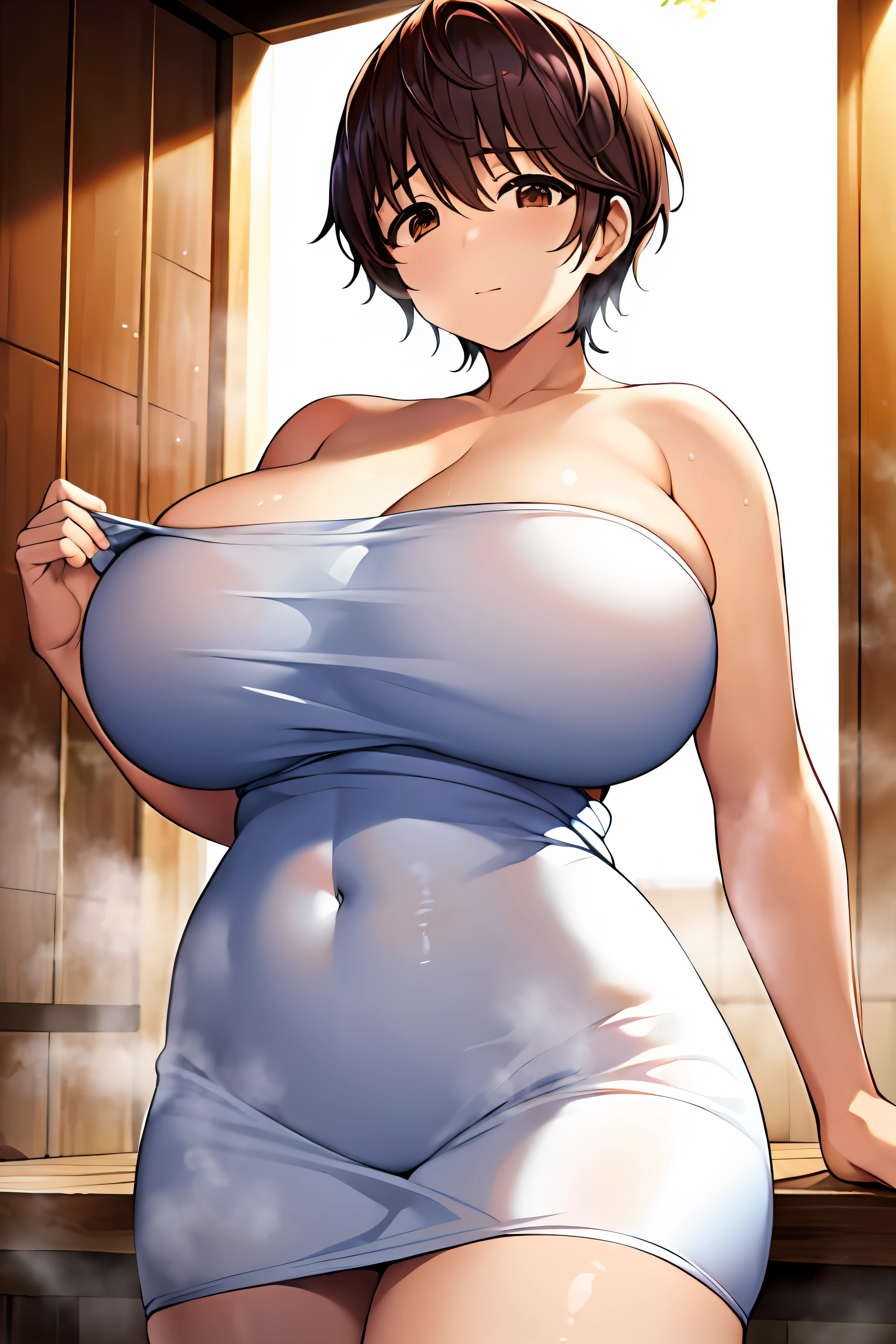 oikawa shizuku, huge breasts, massive breasts, saggy breasts, curvy, naked, hot, holding a towel, cover her body with towel, naked towel, towel dress, relaxing in a sauna, sauna, steam, shiny skin, oiled skin, wet skin, soft light, warm light, beautiful lighting, from below, masterpiece