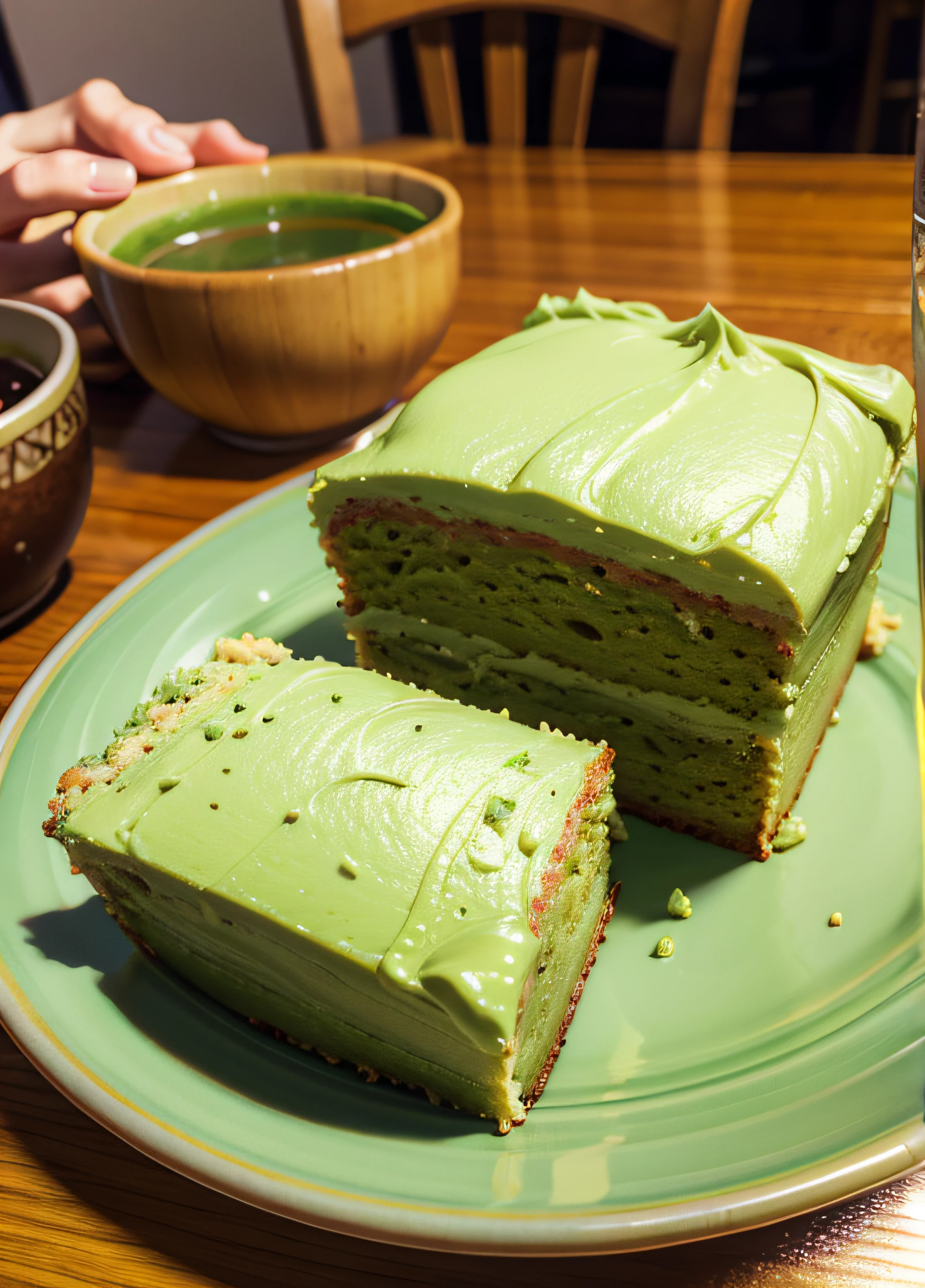 delicious matcha cake, photorealistic, yummy