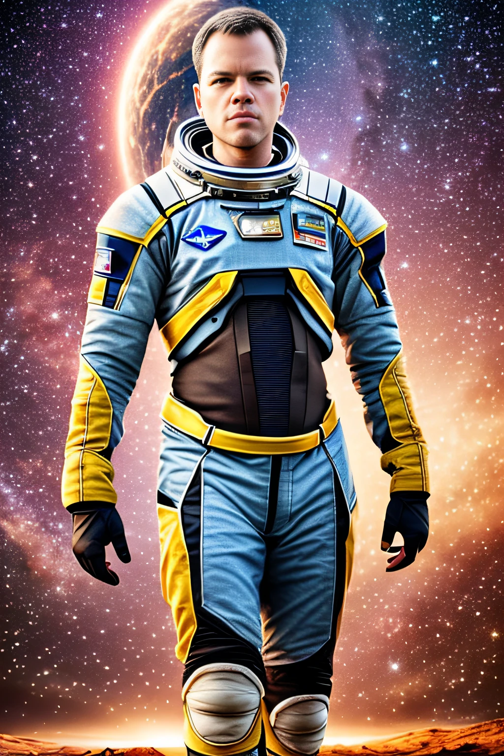 photo of Matt Damon as Dr. Mann from Interstellar, astronaut suit, without helmet, standing, beautiful picture, sunset, style by (Steve McCurry), Nikon Z FX Device, lens EF 70mm, cinematic lighting, studio backdrop, style long exposure, long shot type, vibrant color scene, photorealistic, intrinsic, ultra-detailed face, perfect body, (((full body))), realistic, highly detailed, art station, trend, master piece, realistic face, realistic skin, detailed eyes, great art, ultra realistic n-9 render, 4k, 8k, 16k, 20K, HDR, UHD, 64k, perfect lighting, studio lighting, photorealistic, hyper realistic, symmetrical face, unreal engine, Bokeh, High resolution scanning, professional photography