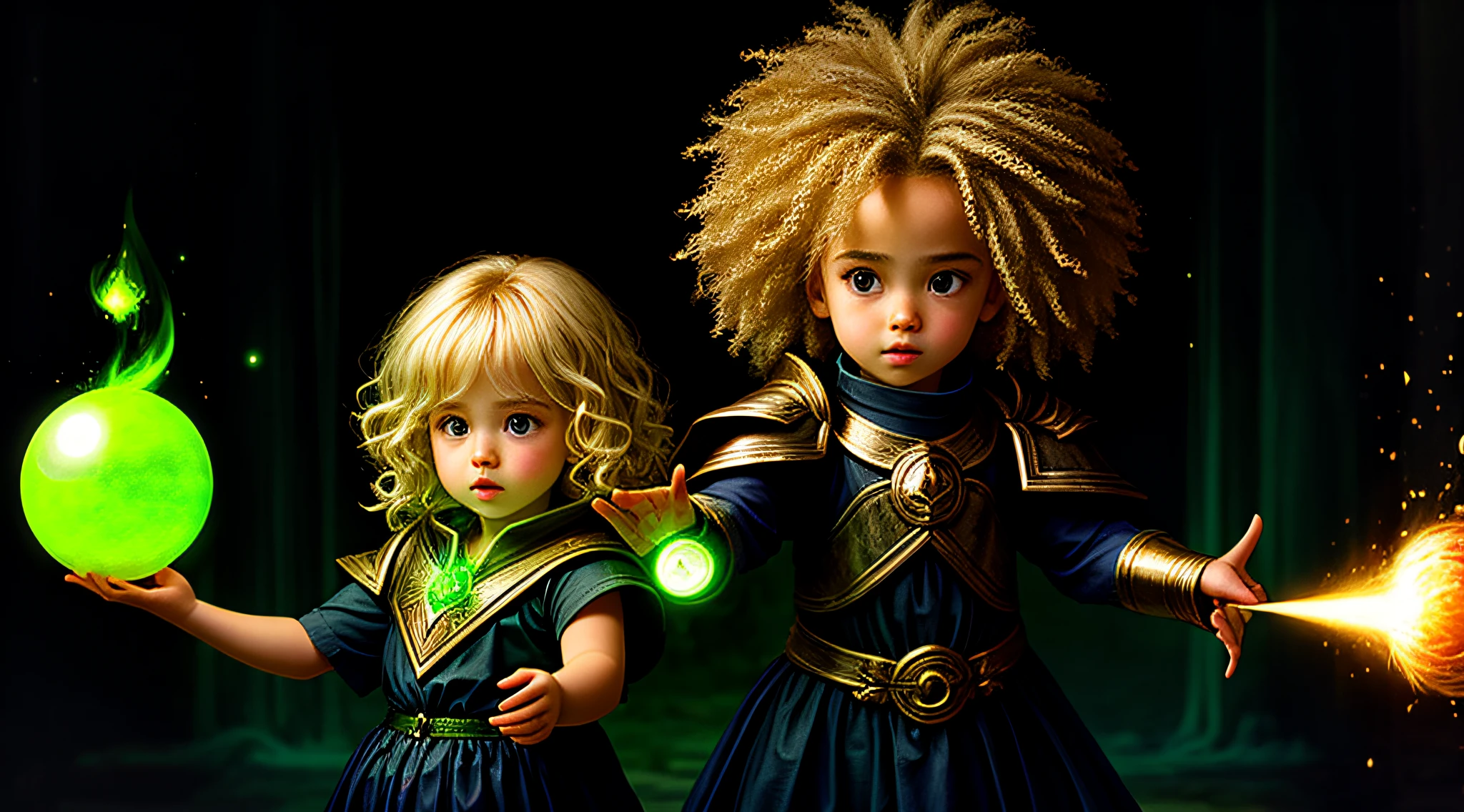 REALISTIC PHOTO, GIRL CHILD 10 YEARS OLD, BLONDE BIG HAIR, holding a green ball in his hands, spell casting mage, he is casting an illumination spell, an arcane mage casting a spell, casting a powerful spell, with powers of black magic, casting spells, casting a protection spell, wiccan, magic, magic magic, sacred flame spell,  black magic spells, with black. Magical powers