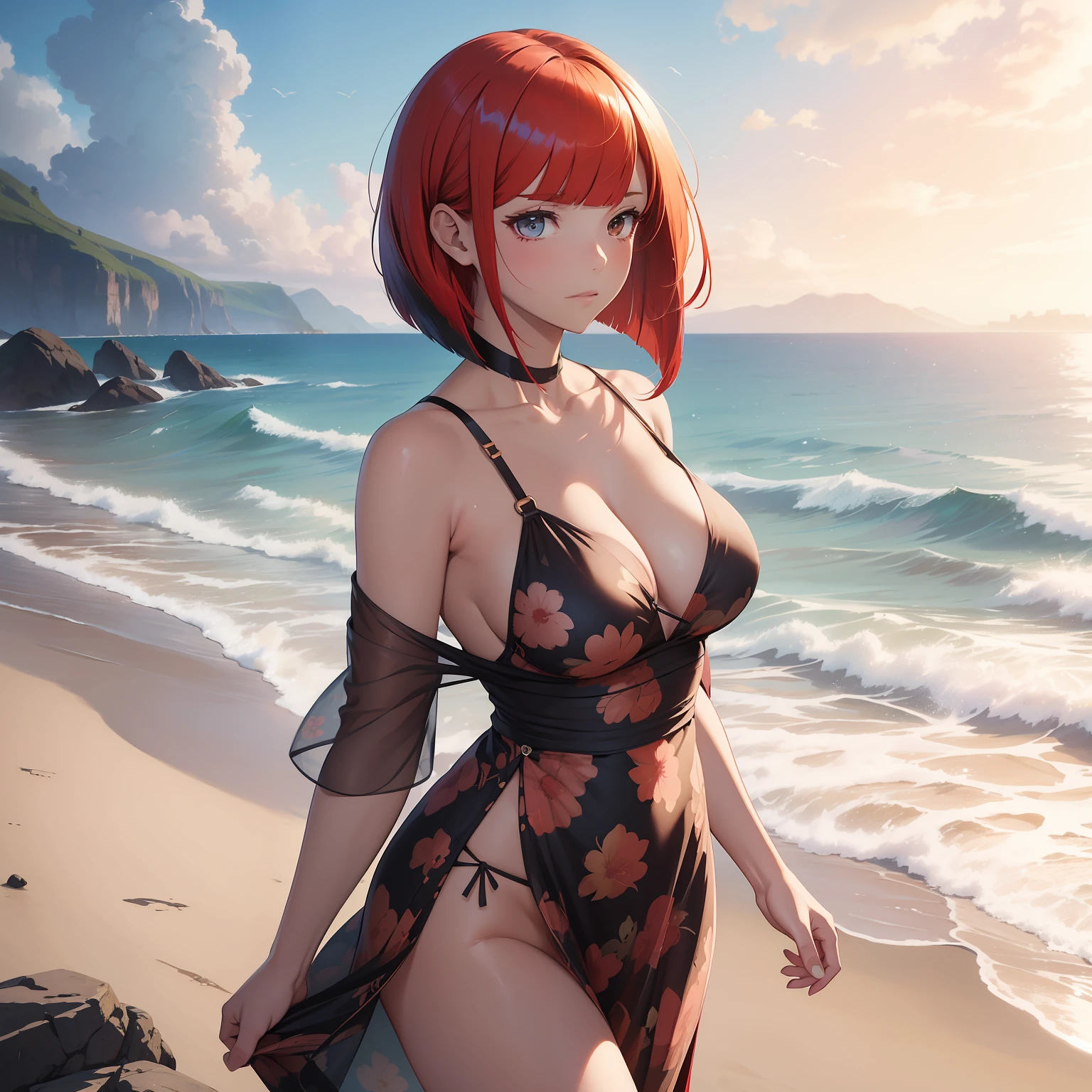 (masterpiece, best quality), photorealistic, cinematic, anime girl in flowing, bohemian-style maxi dress with floral patterns, seaside, 1 girl, red hair, (sleek bob cut:1.5), full-body shot, head to toe visibility, perfect anatomy, curvaceous body, large cleavage, overly exposed breasts, long round legs, big round ass, alluring, perfect eyes, perfect hands, medium-sized breasts, round ass, long round legs, standing on the shoreline, one foot slightly forward, with the dress gently swaying in the breeze, the model could have a relaxed, confident stance, a soft, serene smile that reflects the tranquil beauty of the seaside setting, the model's gaze can be focused on the horizon or the water, conveying a sense of calm and appreciation., extremely detailed Artgem, ig model, artgem, alena aenami and artgem, krenz cushart and artgem, artgem and atey ghailan