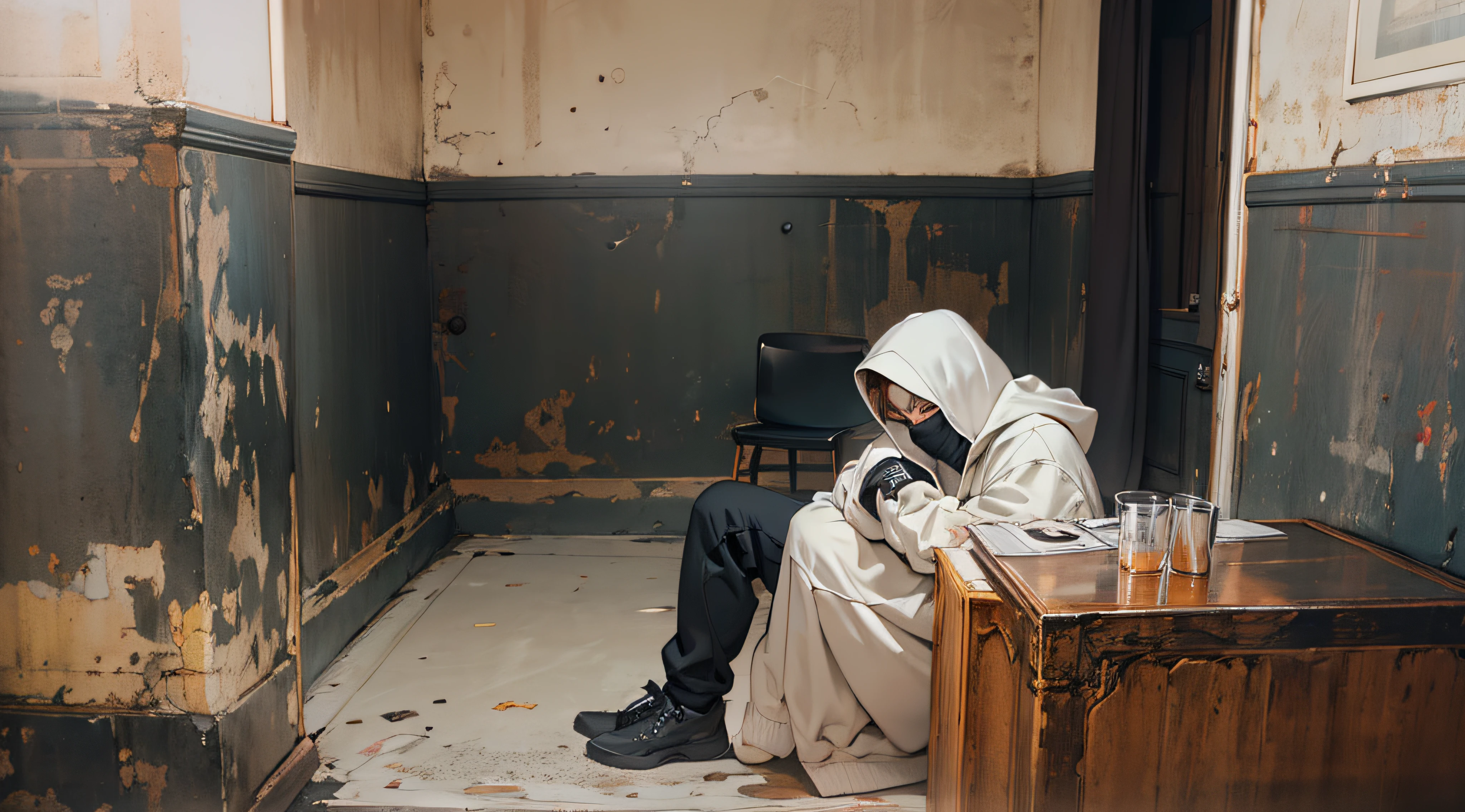 single white man with black mask on face, sitting in corner in room on center of image, man wearing a black clothes also with hoodie