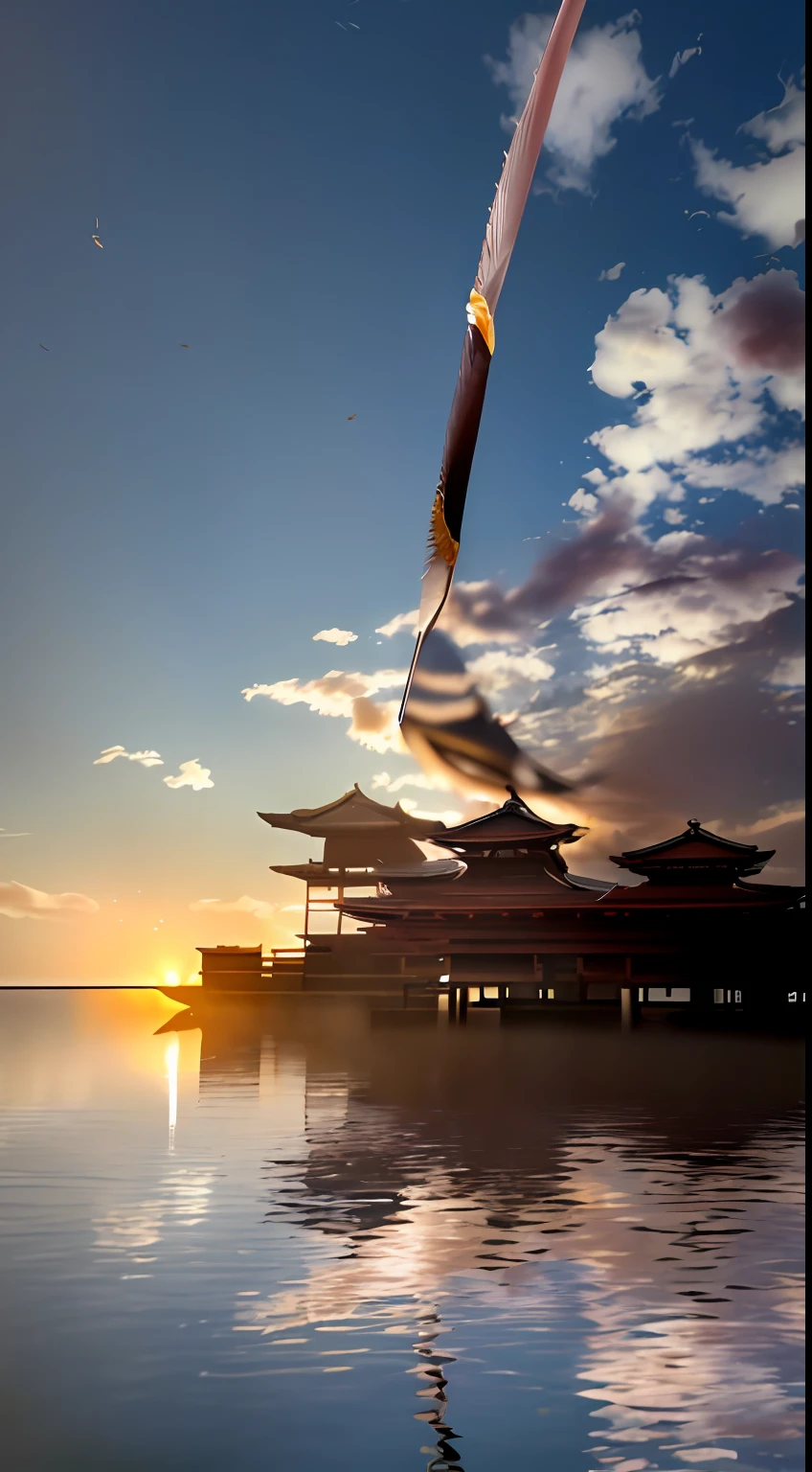 (extremely detailed CG unity 8k wallpaper, masterpiece, best quality, ultra-detailed), (best illumination, best shadow), floating, high saturation, [((1 samurai), katana, warrior outfit, serious face, black hair AND (cherry blossoms), depth of field, sunset sky, wind), cloud, petal, water reflection]