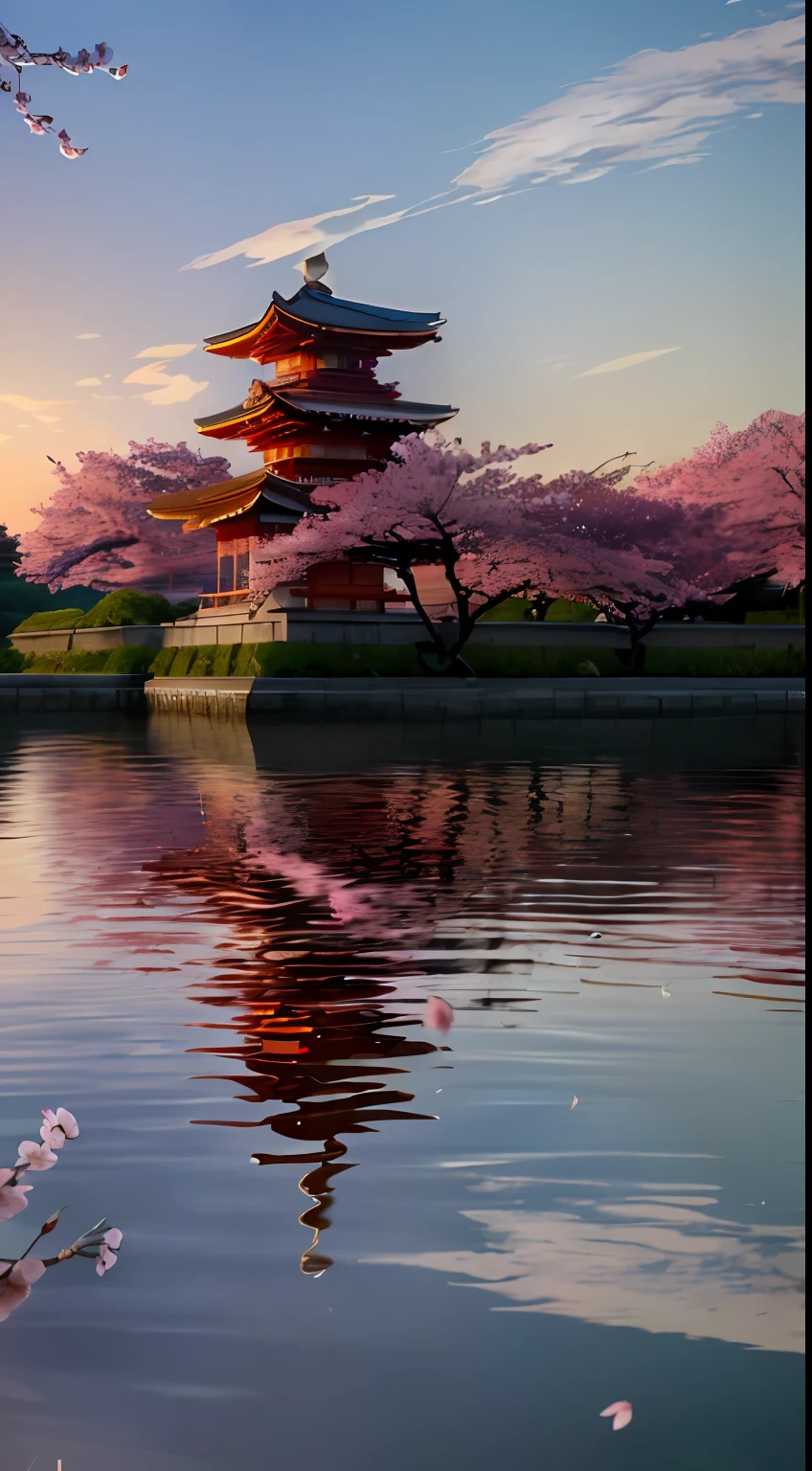 (extremely detailed CG unity 8k wallpaper, masterpiece, best quality, ultra-detailed), (best illumination, best shadow), floating, high saturation, [((1 samurai), katana, warrior outfit, serious face, black hair AND (cherry blossoms), depth of field, sunset sky, wind), cloud, petal, water reflection]