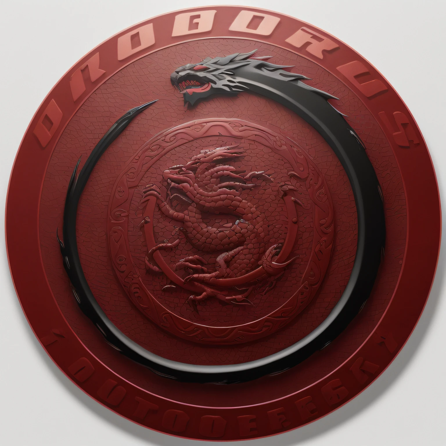 a closeup of a red circle with a black dragon on it, ouroboros, Dorohedoro, Directed by: Nicholas Borsos, Rounded logotype, Logotipo redondo, 3D Logo, Directed by: József Borsos, Directed by: Alejandro Obregon, logo arttype, Logotype without text, Logo, Logo, on an epic oroboros, metalic, sem imagem no centro