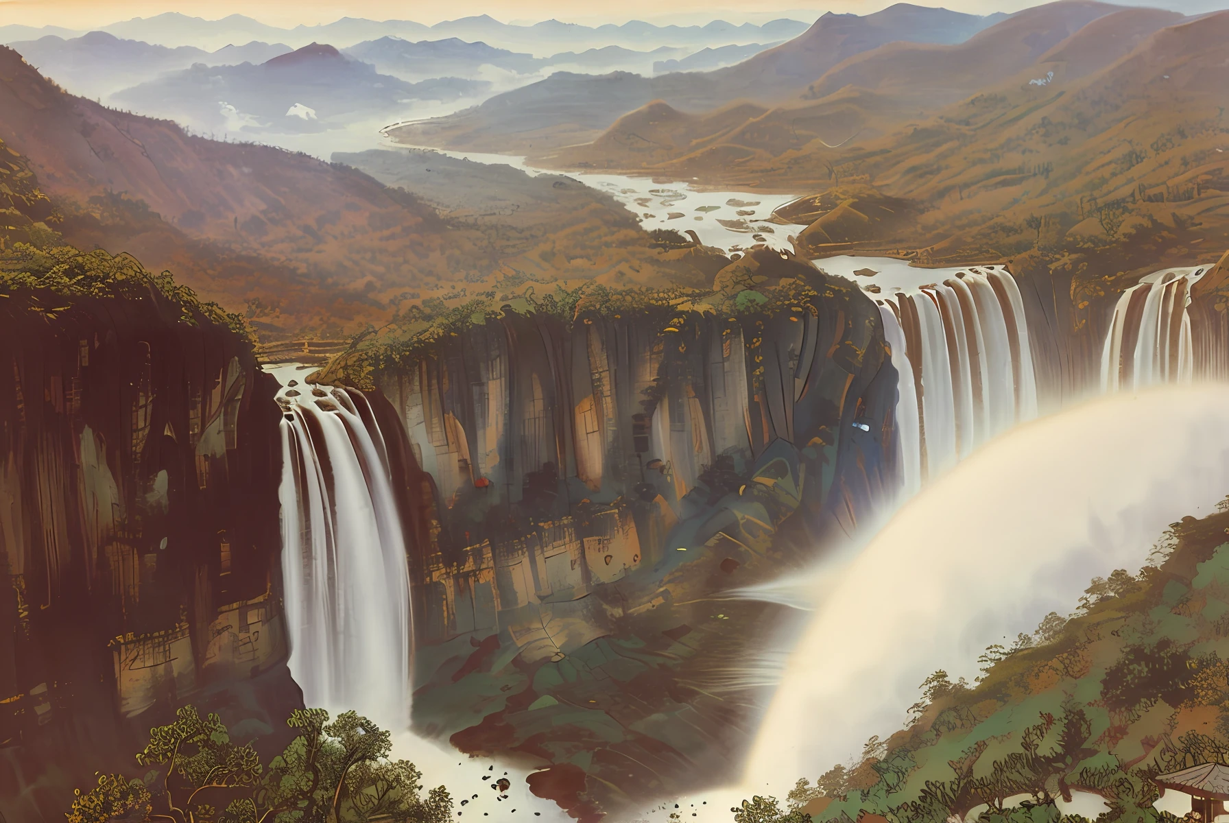 Magnificent scenery,viewed from bird's-eye,Chinese painting landscapes,waterfallr,lakes,Clouds,glorious,Soft light,Efeito de Luz,unreal-engine,HD picture,8K resolution