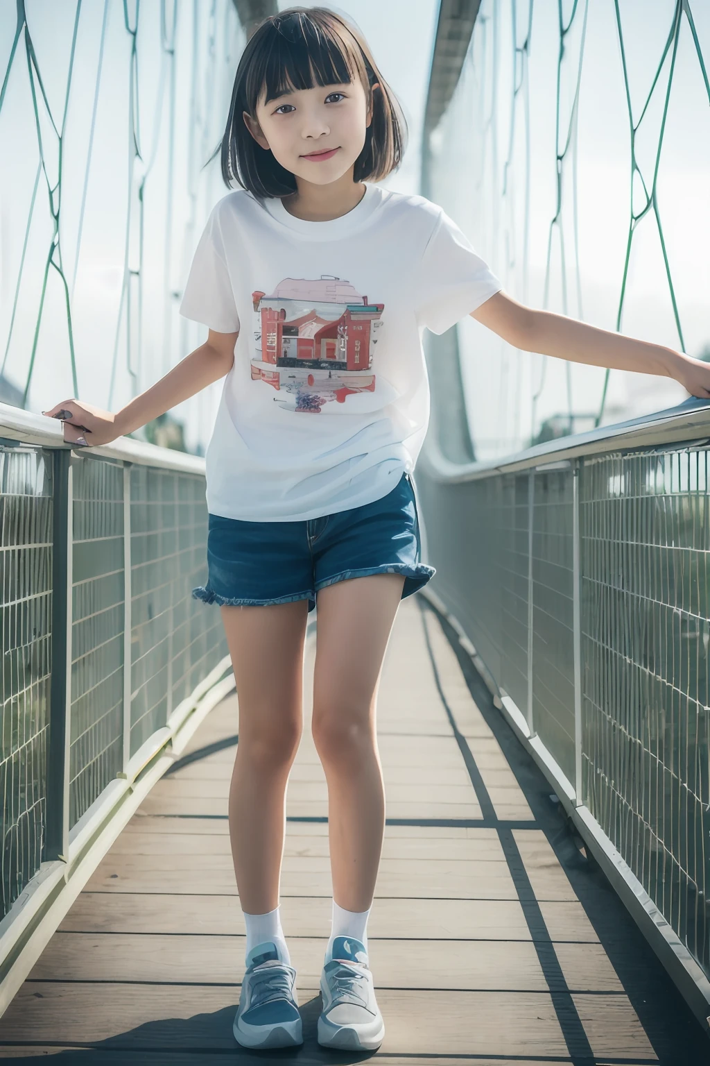 (8K、Raw photography、top-quality、masuter piece:1.2)、ultra-detailliert、ultra res、(realisitic、rialistic photo:1.37), (yo japanese girl, Round face, Bangs, Being on the bridge), Solo, (Smile:0.5), Long T-shirt, shortpants