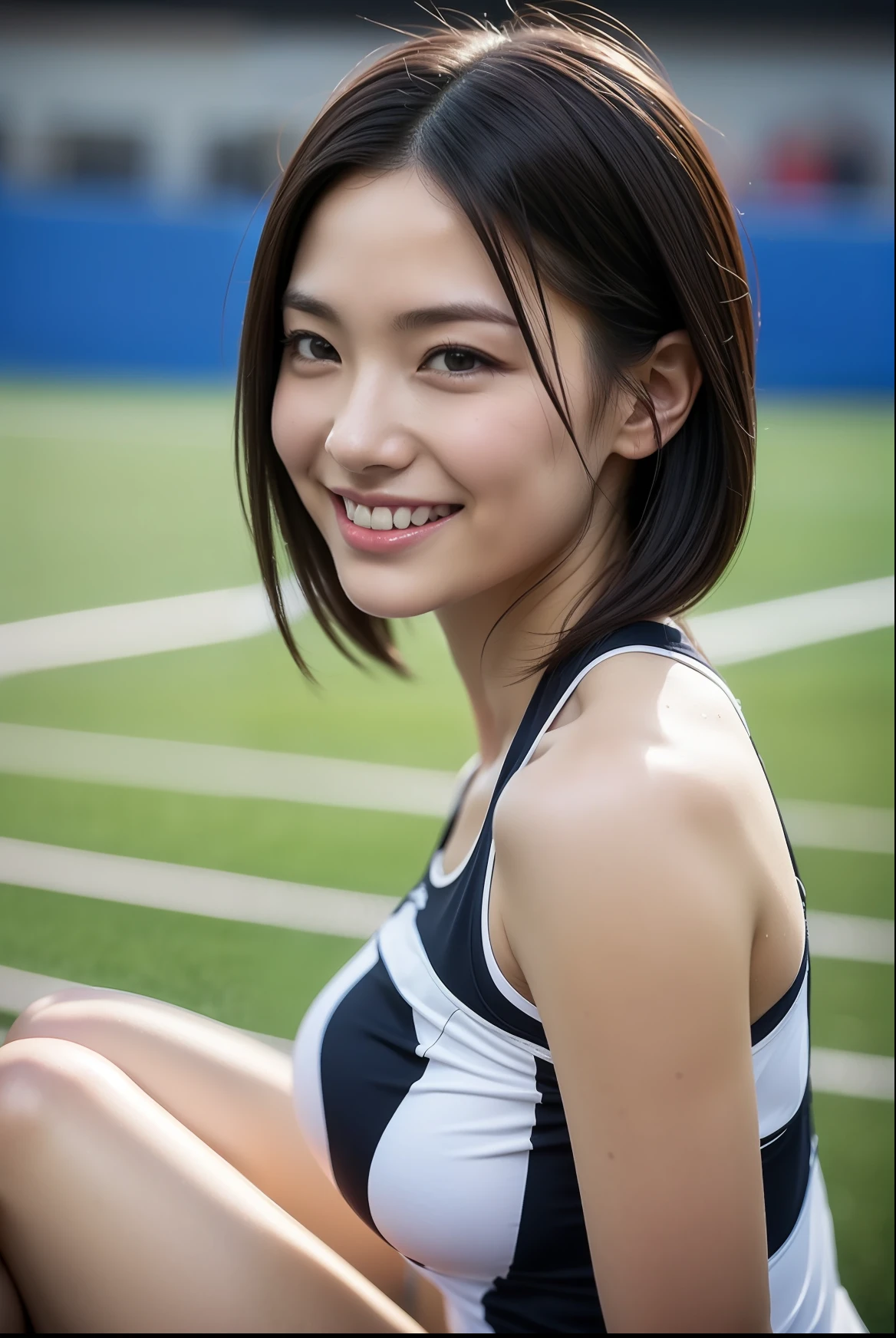 (((full bodyesbian)))、japanese beauty girl、(((track and field uniform)))、((Glossy shoulder-length black hair))、Posing、hairarmpits、Wet body、Sweaty body、Perfect style、beauty legs、kawaii、((Track & Field Athletes Women))、(((1人)))、((stadium))、Transcendent cute、A slight smil、Beautiful breasts、full bodyesbian、athletic field、((Outstanding style))、((Healthy body))、 Photorealsitic、Beautiful detailed eyes、Hyper-Realism、highcontrast、Ultra HD、realistic skin textures、Top image quality、top-quality、超A high resolution、Fine details、Very meticulously