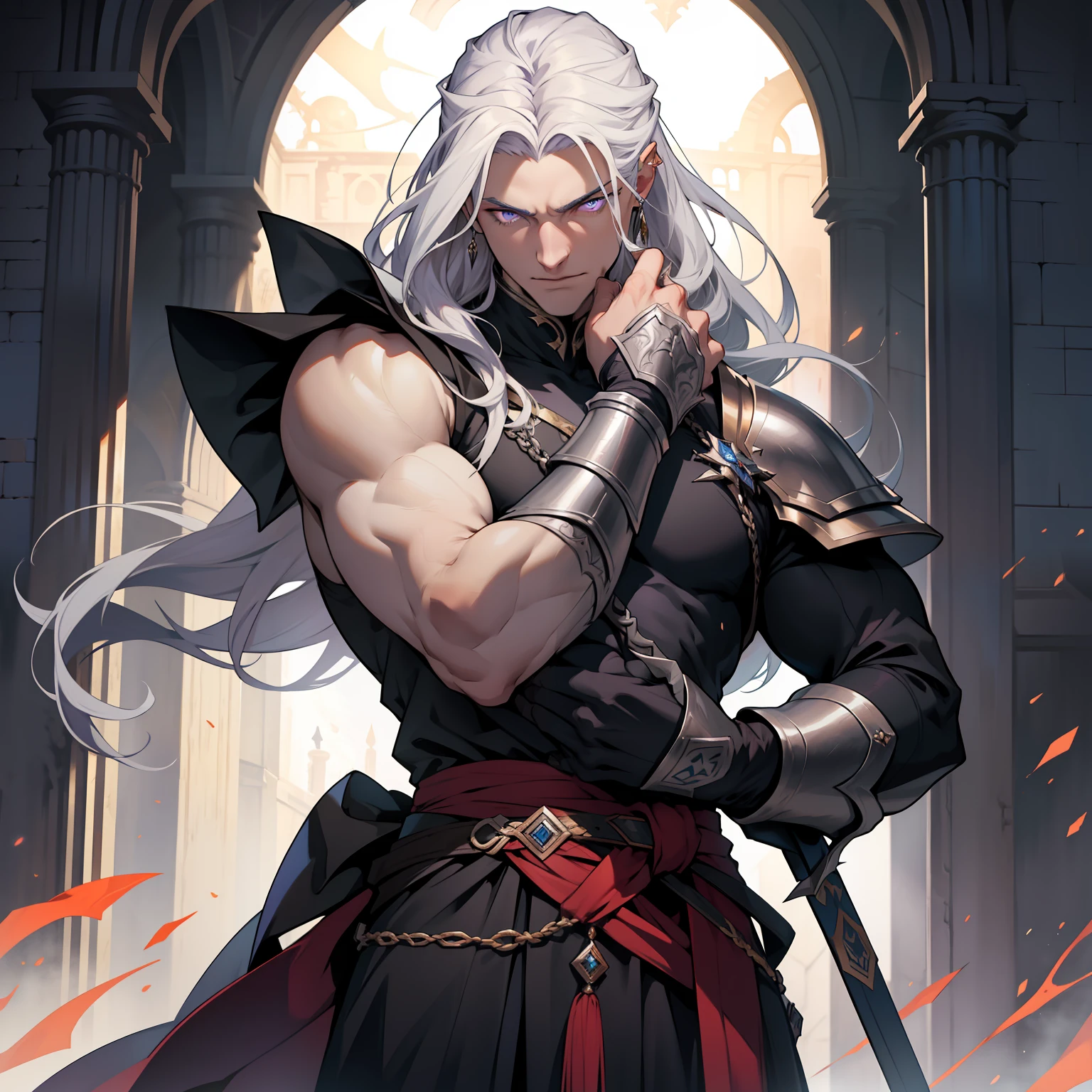 Melkor is much taller than the average human. He is around the same height as myself - and we are both fairly tall. He has shoulder length white hair, just like mine, and piercing purple eyes with sharp silver pupils. He is strong and looks every bit the warrior prince he is. His demeanor is proud and regal, he carries himself with a sense of superiority that cannot be rivaled.