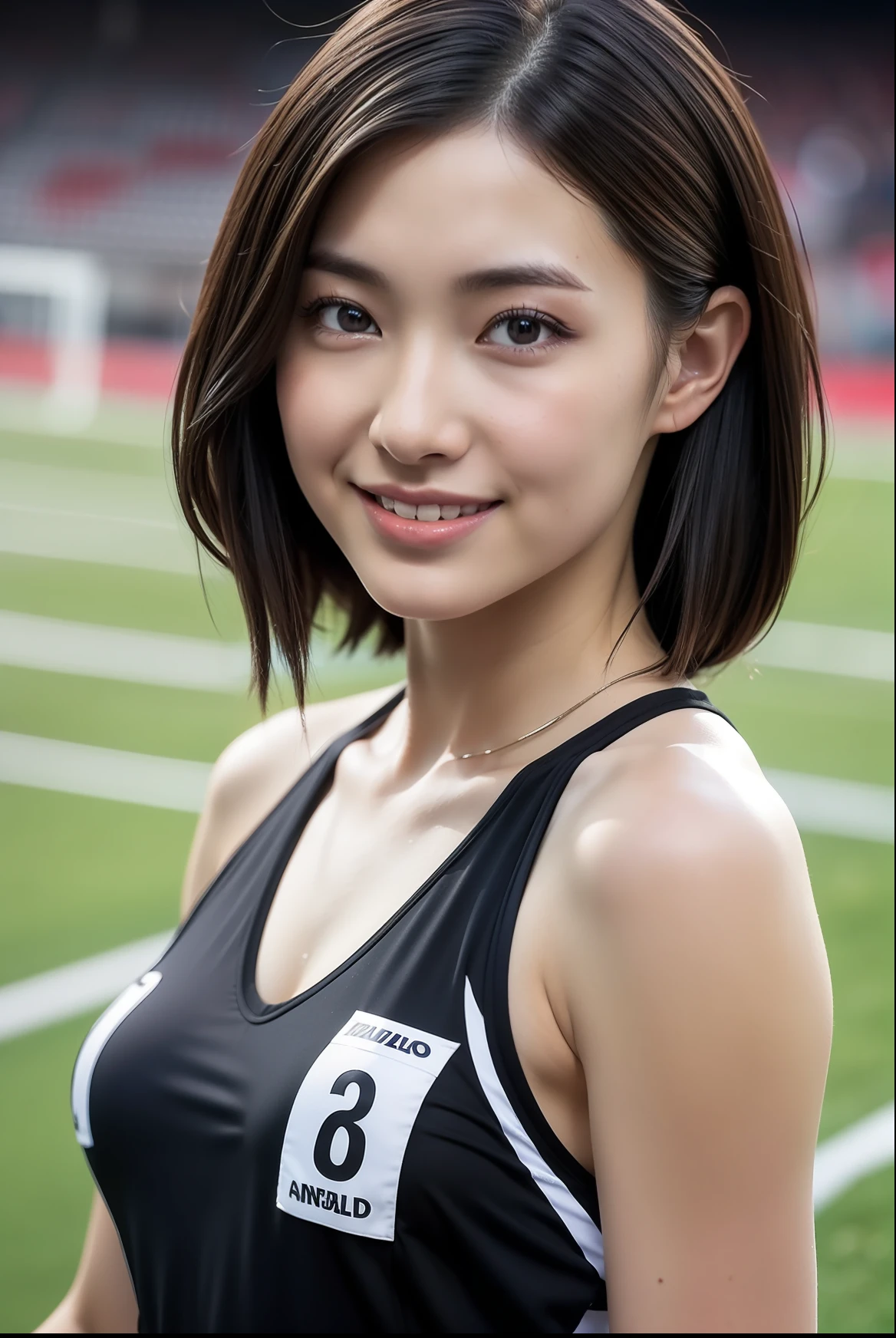 (((full bodyesbian)))、japanese beauty girl、(((track and field uniform)))、((Glossy shoulder-length black hair))、Posing、hairarmpits、Wet body、Sweaty body、Perfect style、beauty legs、kawaii、((Track & Field Athletes Women))、(((1人)))、((stadium))、Transcendent cute、A slight smil、Beautiful breasts、full bodyesbian、athletic field、((Outstanding style))、((Healthy body))、 Photorealsitic、Beautiful detailed eyes、Hyper-Realism、highcontrast、Ultra HD、realistic skin textures、Top image quality、top-quality、超A high resolution、Fine details、Very meticulously
