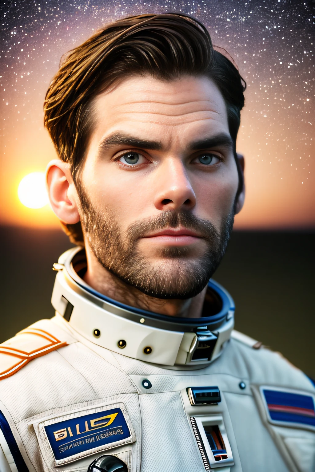 photo of Wes Bentley as Dr. Doyle from Interstellar, astronaut suit, without helmet, standing, beautiful picture, sunset, style by (Steve McCurry), Nikon Z FX Device, lens EF 70mm, cinematic lighting, studio backdrop, style long exposure, long shot type, vibrant color scene, photorealistic, intrinsic, ultra-detailed face, perfect body, (((full body))), realistic, highly detailed, art station, trend, master piece, realistic face, realistic skin, detailed eyes, great art, ultra realistic n-9 render, 4k, 8k, 16k, 20K, HDR, UHD, 64k, perfect lighting, studio lighting, photorealistic, hyper realistic, symmetrical face, unreal engine, Bokeh, High resolution scanning, professional photography