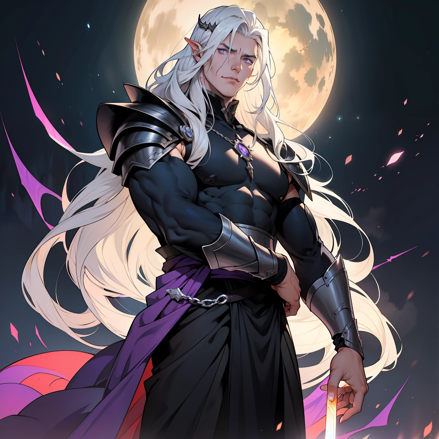 Melkor is much taller than the average human. He is around the same height as myself - and we are both fairly tall. He has shoulder length white hair, just like mine, and piercing purple eyes with sharp silver pupils. He is strong and looks every bit the warrior prince he is. His demeanor is proud and regal, he carries himself with a sense of superiority that cannot be rivaled.