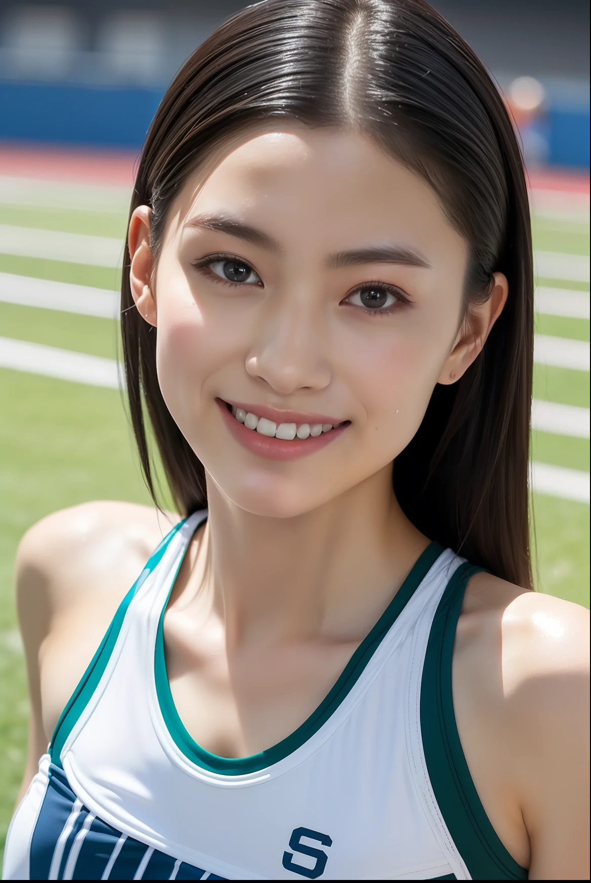 (((full bodyesbian)))、japanese beauty girl、(((track and field uniform)))、((Glossy shoulder-length black hair))、Posing、hairarmpits、Wet body、Sweaty body、Perfect style、beauty legs、kawaii、((Track & Field Athletes Women))、(((1人)))、((stadium))、Transcendent cute、A slight smil、Beautiful breasts、full bodyesbian、athletic field、((Outstanding style))、((Healthy body))、 Photorealsitic、Beautiful detailed eyes、Hyper-Realism、highcontrast、Ultra HD、realistic skin textures、Top image quality、top-quality、超A high resolution、Fine details、Very meticulously