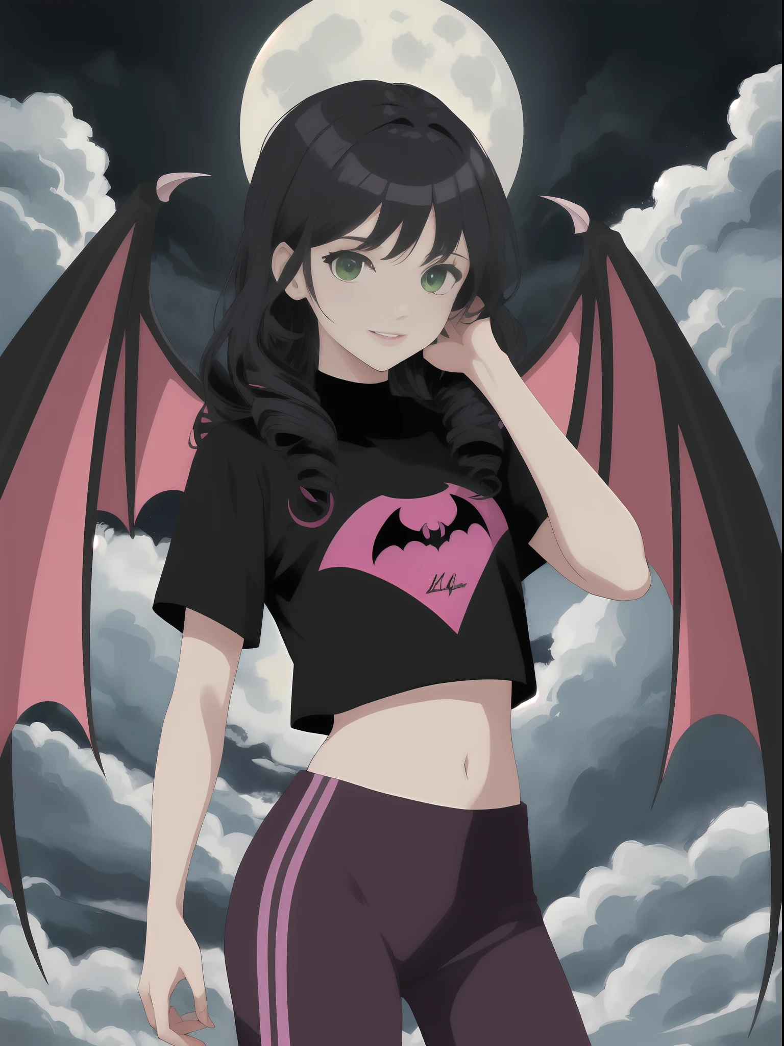 A masterpiece of flat color digital art, Lilù Moongirl floats through a dark and stormy sky, surrounded by swirling clouds. She has long, black curly hair, big, green eyes, and a mischievous smile. She is wearing a pink top and purple leggings with a black hearts pattern. She has two vampire wings on her back and little wings on her head. The background is a dark and stormy sky with a big full moon, and the clouds are swirling around her. The painting is rendered in a flat, modern style, with vivid colors and graffiti-inspired elements. It is featured on ArtStation in 8K resolution.