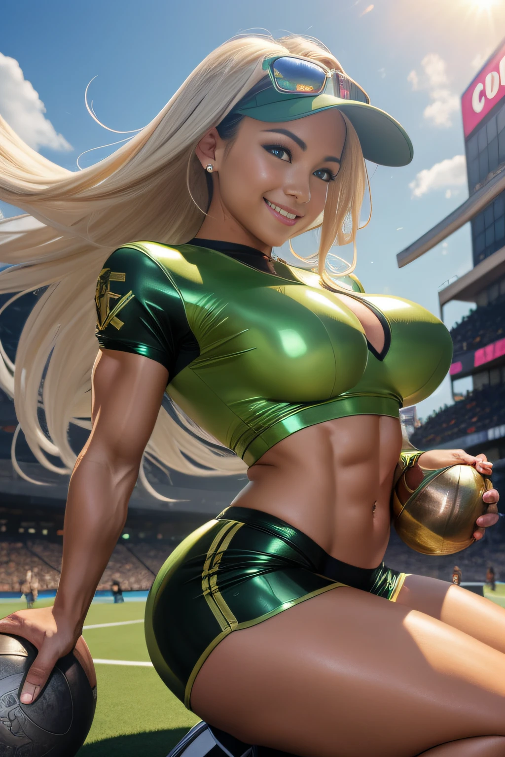 Five Fingers、Colossal tits、Fitness Model、musculature、Metallic shiny clothes、Cool smile、glistning skin