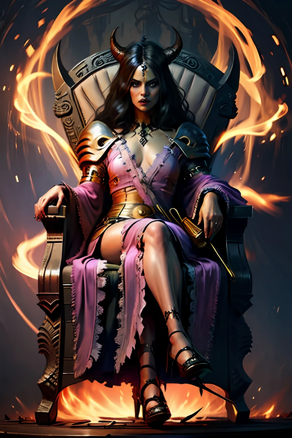 The princesse of hell full caftan outfit sitting on hier throne