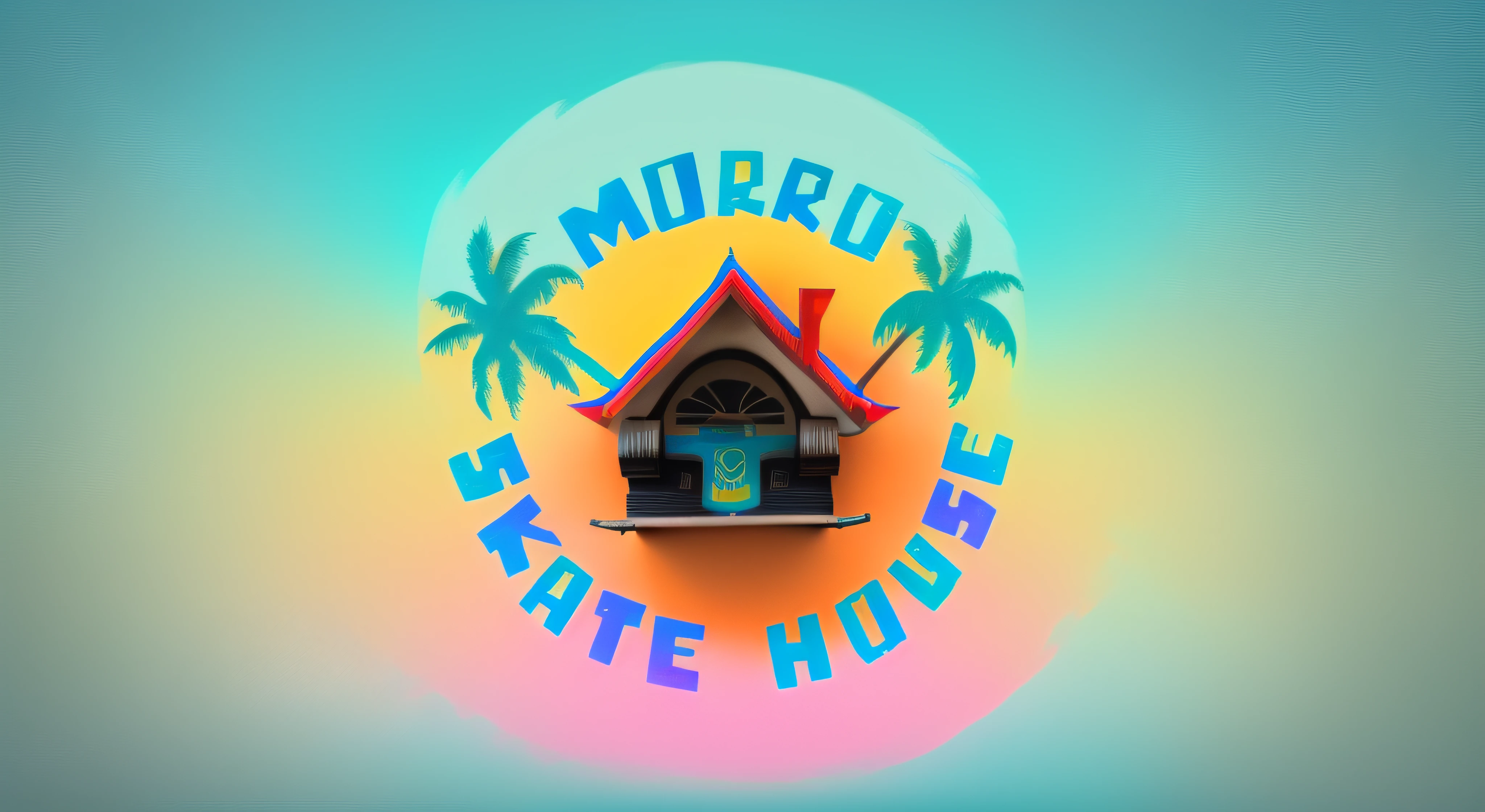 um close up de um skate com uma casa e palmeiras sobre ela, etiqueta, 【 art 💙💜 🕹️ 😎 🚬, Logotipotipo ilustrado, 🔥 😎 🕹️ 👀, Logo, Logo, skate, Caricato e simplista, logo arttype, 🤬 🤮 💕 🎀