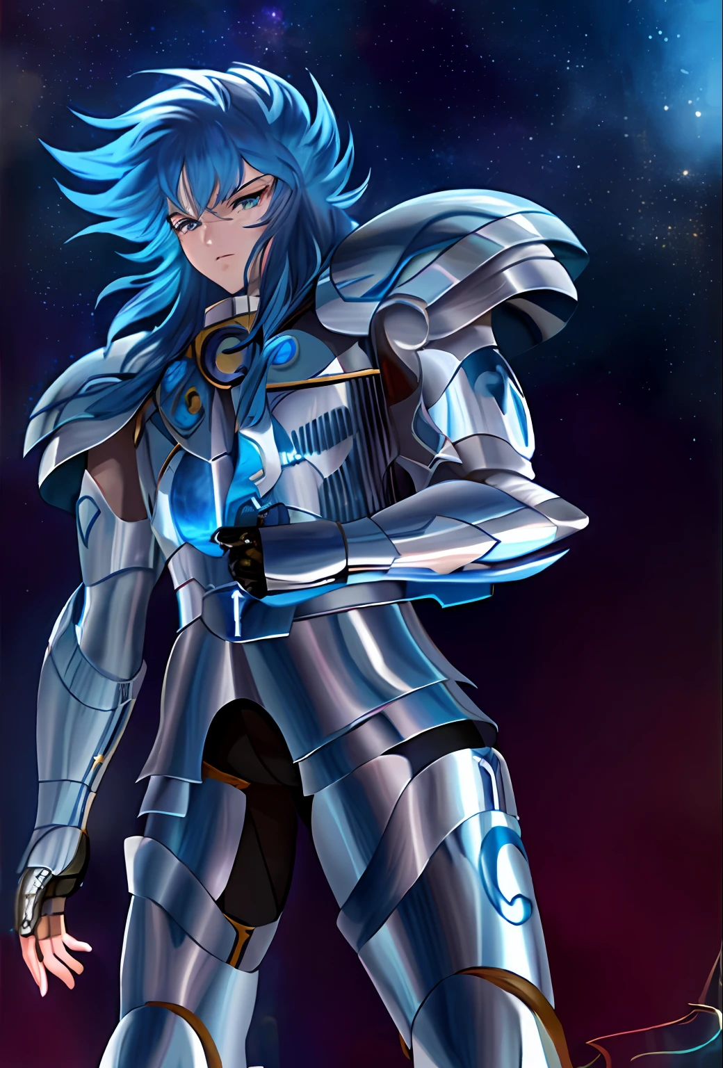 Anime character with blue hair and armor in space with stars, knights of zodiac girl, portrait knights of zodiac girl, Saint Seiya, em armadura de opala, Armadura refletida da cor do gelo da lasca, inspirado em Matsumura Goshun, armadura azul e prata gelo, pale blue armor, usando armadura brilhante, clothed in ethereal battle armor, coberto com armadura de prata completa
