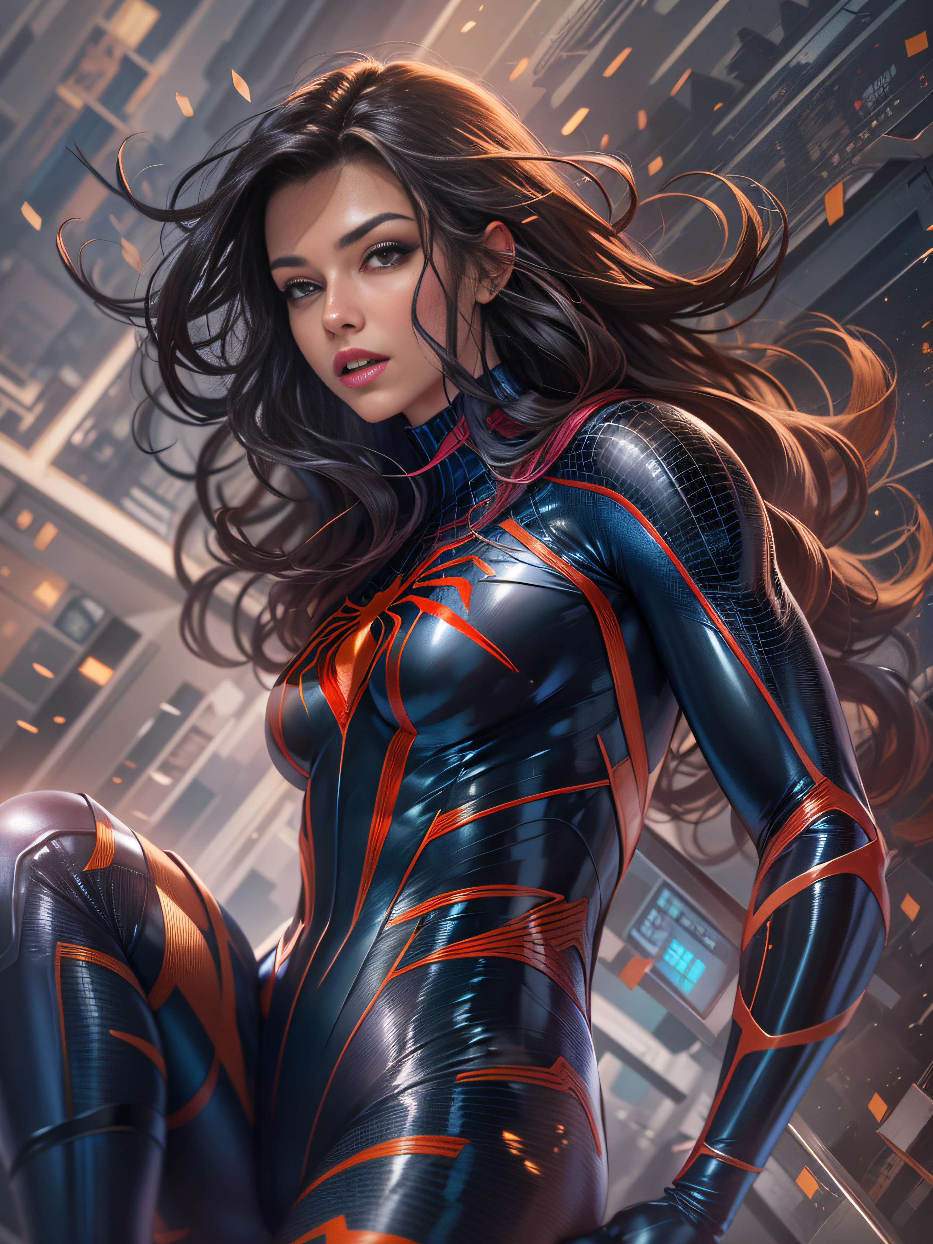 Female Superheroine, inspirada en spiderman, traje brillante, fondo futurista, cuerpo completo, cabello largo, cabello negro, cabello despeinado