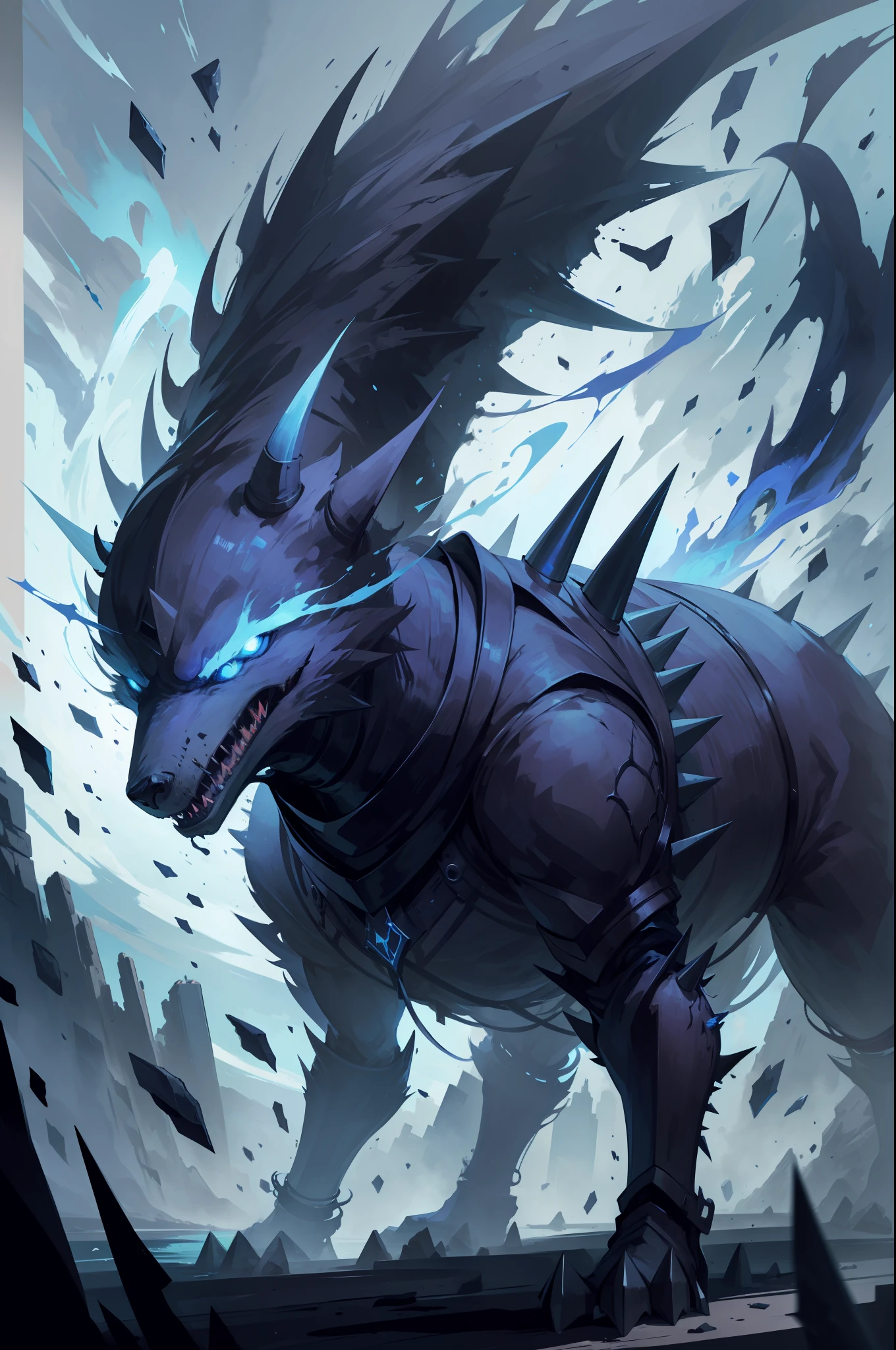 a black monster dog quadruped without face with spikes on his back, with blue details and sharp teeths