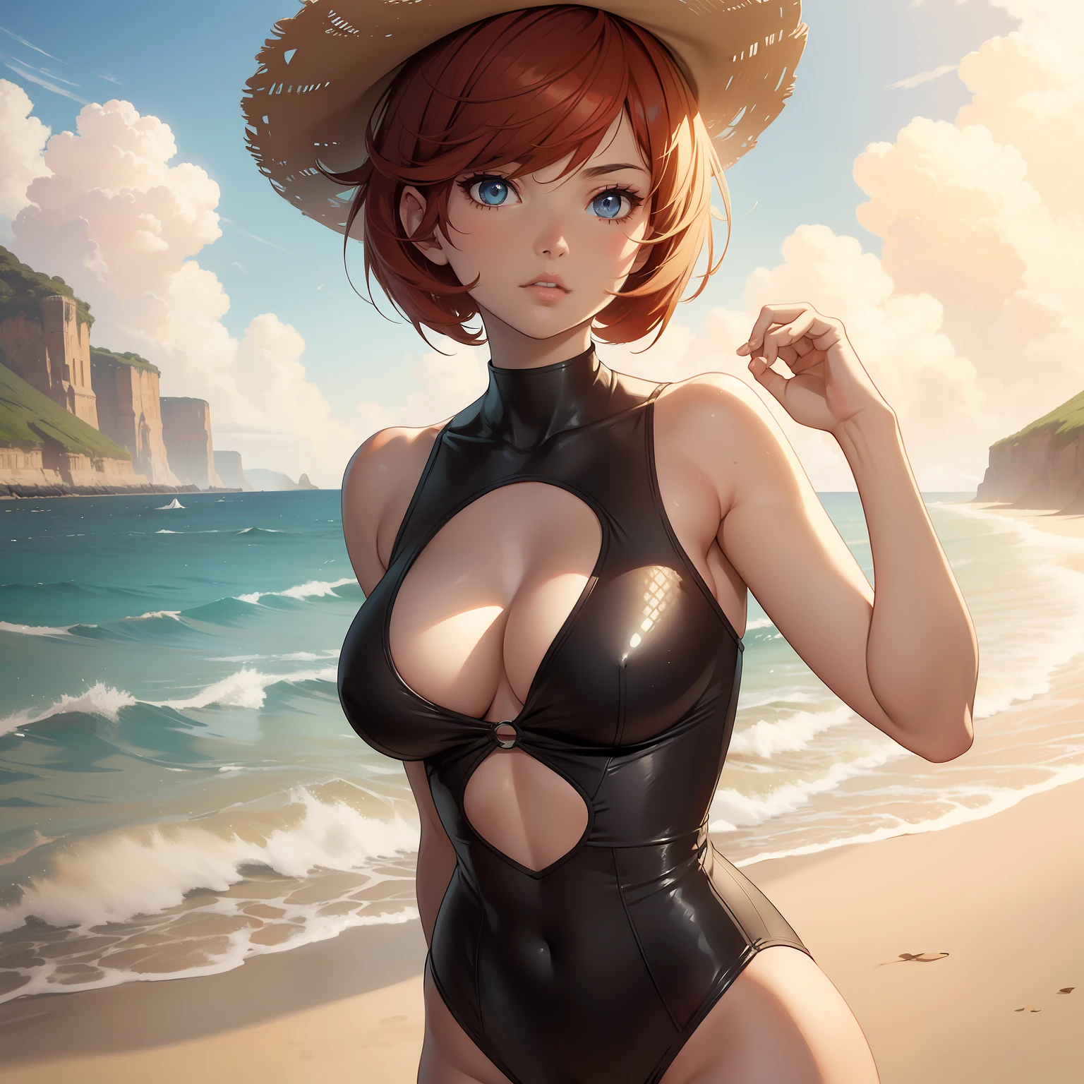 (masterpiece, best quality), photorealistic, cinematic, anime girl in Retro-inspired one-piece swimsuit with a wide-brimmed sun hat, seaside, 1 girl, red hair, (textured Pixie cut haircut:1.5), full-body shot, head to toe visibility, perfect anatomy, curvaceous body, large cleavage, overly exposed breasts, long round legs, big round ass, alluring, perfect eyes, perfect hands, round ass, long round legs, standing on a sand dune, hair caught by the wind, striking a confident pose, smoldering gaze, (lips slightly parted:1.3), extremely detailed Artgem, ig model, artgem, alena aenami and artgem, krenz cushart and artgem, artgem and atey ghailan