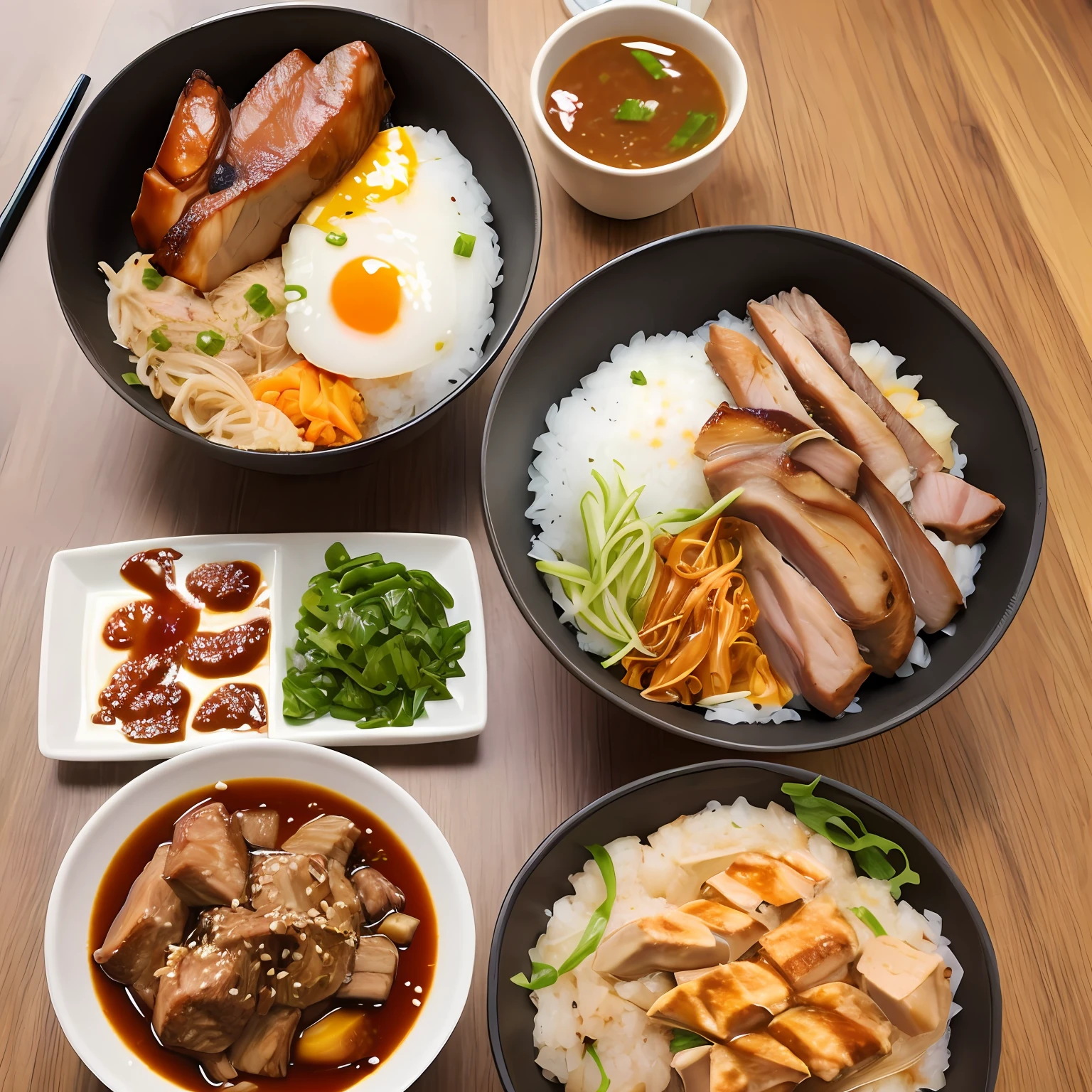 best quality, masterpiece, 1other, solo, japanese food, pork Donburi, simple background