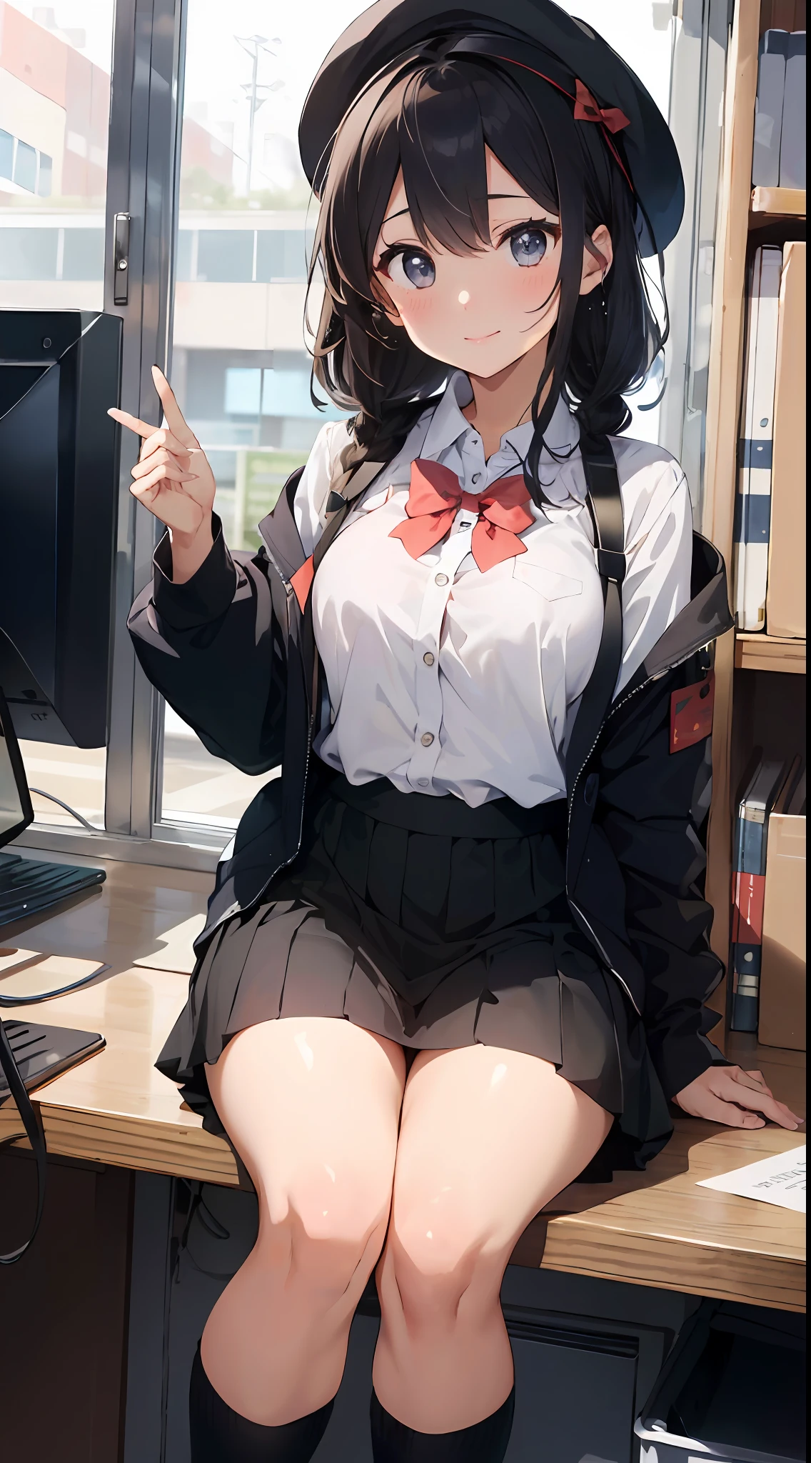 Masterpiece to the smallest detail、top-quality、1girl in、独奏、25-years old、170cm、Tsurupeta、Breasts like men、Extraordinary Beauty、Hair with silky texture、Semi-long、Braids、Two-color mesh、Realistic eyes、Outstanding looks、unclear、proximity、closed_mouth、a smile、red blush、full of shyness、Hats that look good、Hats、pink bowtie、校服、 Blue jacket、jaket、skirt by the、Gray pretz skirt、Cutter shirt、white shirt、an legs、Black socks、sitting on、s Office、hair_ornament、looking_at_viewer、beatiful detailed eyes、Charming gestures、panties on、seductiv、Professional effects、invite、Ignorant look、Receptionist、Large Enterprise Building